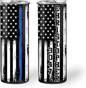 Hyturtle Personalized Thin Blue Line Police Skinny Tumbler - Cool Birthday Gifts For Policemen - Law Enforcement Gifts - Custom Name 20oz Stainless Steel Skinny Tumbler