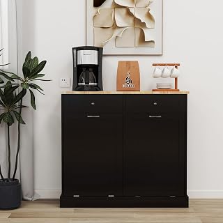 Double Tilt Out Trash and Recycling Cabinet - Wooden Free Standing With Hideaway Drawer for Farmhouse Kitchen, Living Room, Dining Room (Black, 20 Gallon)