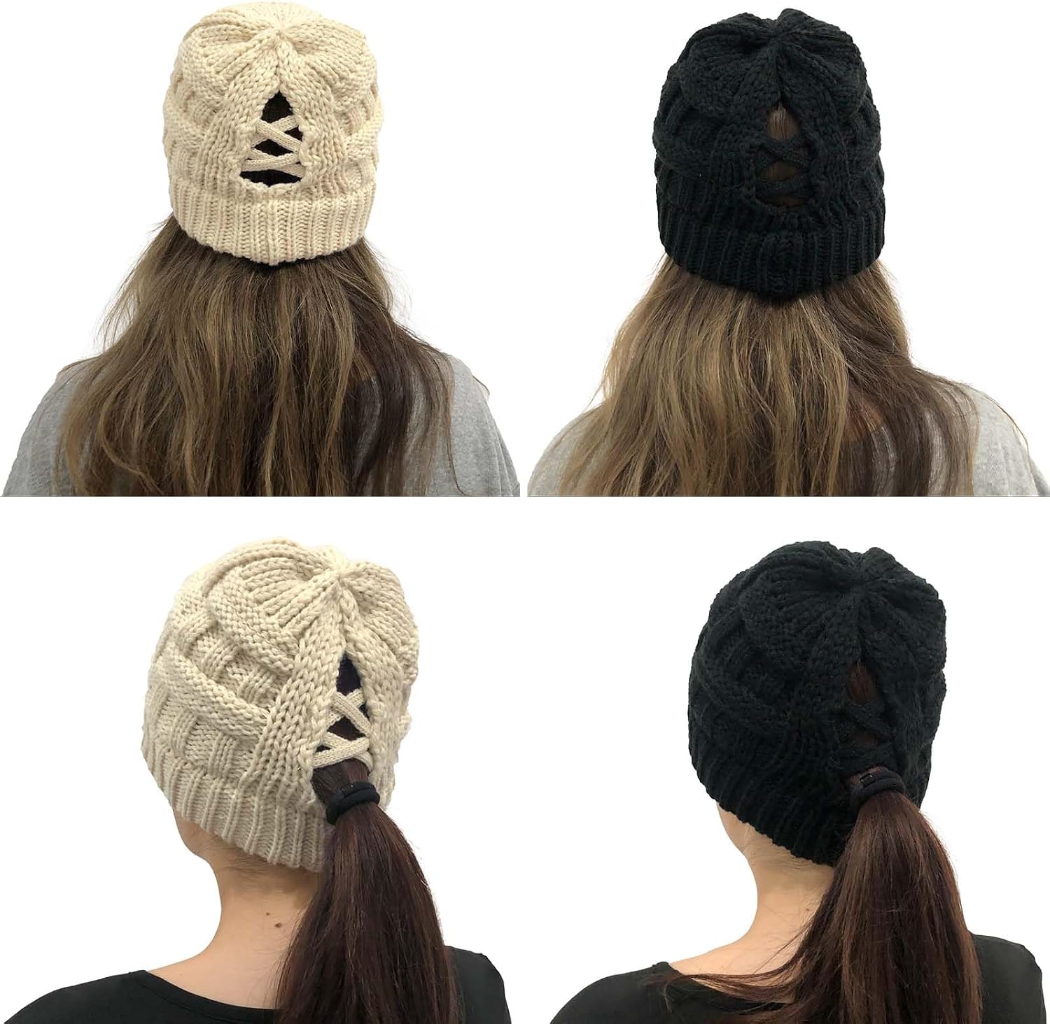 PHOGARY Ponytail Hat for Women, Warm Trendy Soft Stretch Criss Cross Hat Knit Hats Cute Winter Hats for Women, 2 Pack