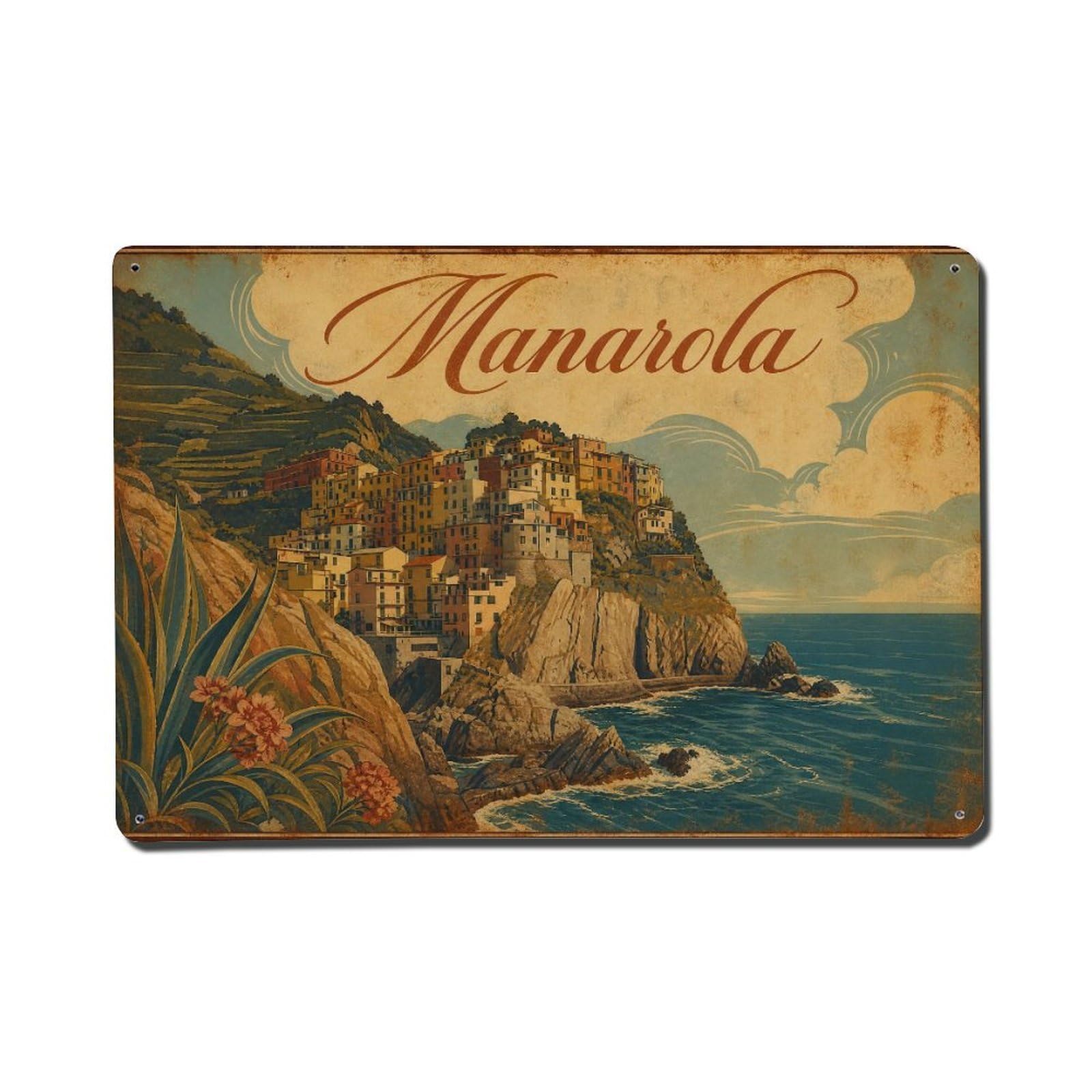 Vintage Travel Manarola Coastal Cliffs Dramatic Landscape Metal Tin Sign
