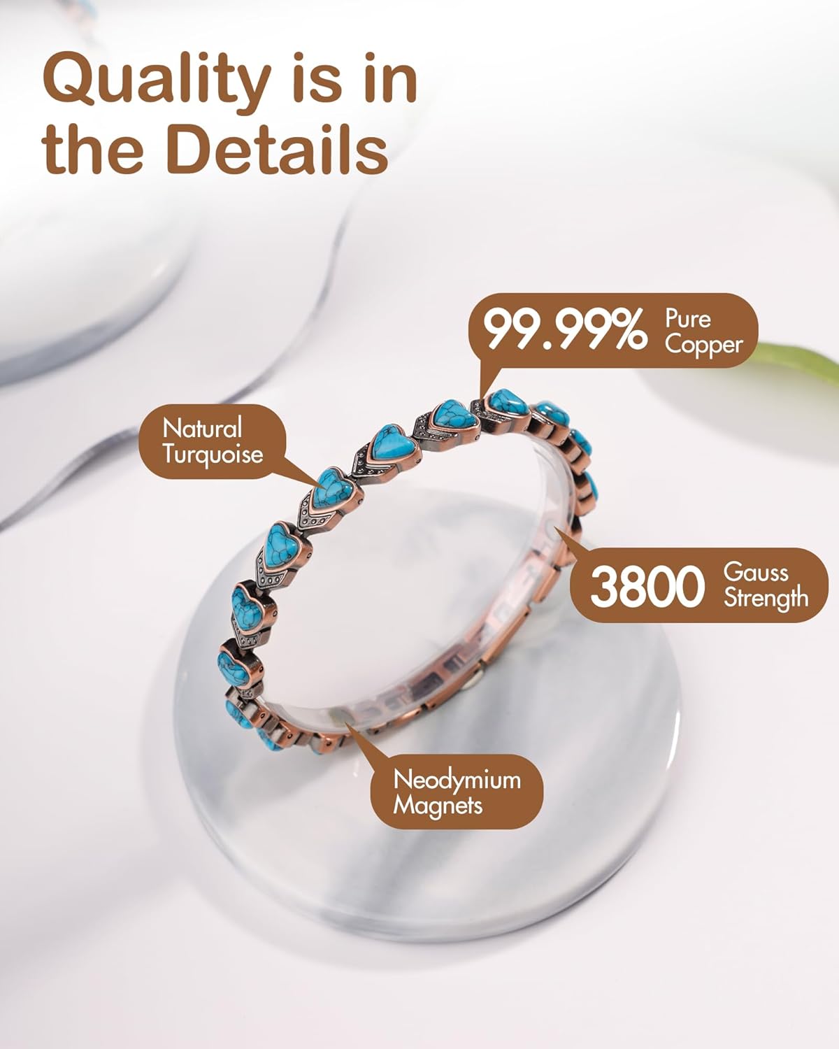 Feraco Pure Copper Bracelets for Women, Ultra Strength Magnetic Bracelet with 3800 Gauss Magnets & Natural Turquoise & Stones, Adjustable, Jewelry Gift - Image 2