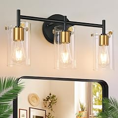 Bathroom Light Fixtures 3-Light Black and Gold Vanity Light Black Bathroom Lights Over Mirror with Clear Glass Shade