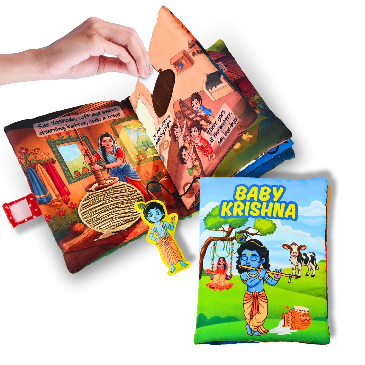 Seraphina Krishna Cloth Book for Baby 6+ Months | Interactive Sensory Book with Textures, Flaps, Pockets, Rattle & Squeaker Sounds | Krishna Soft Toys for Babies | Gift for Toddlers & Infants-image-2