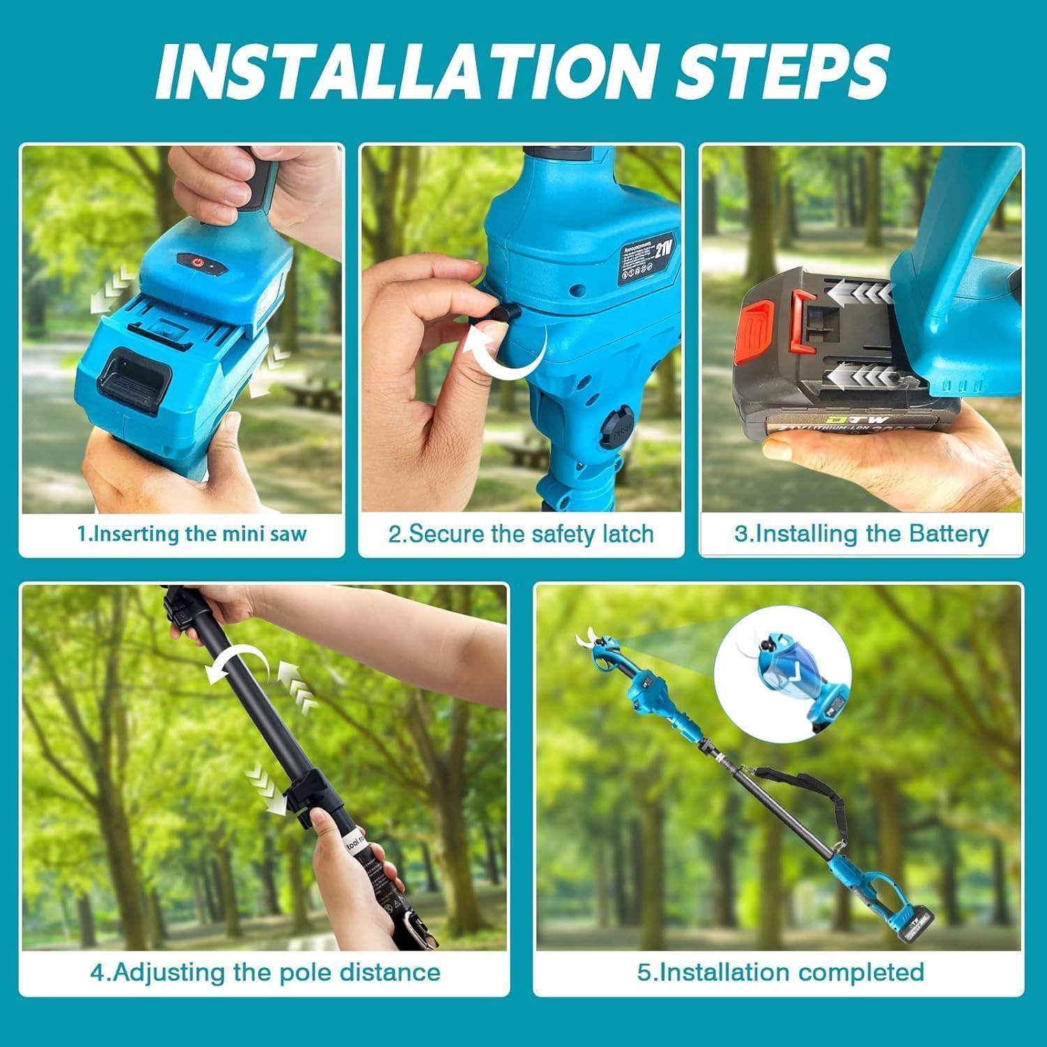 Electric Pruning Shears with Pole,Cordless Pruning Shears with LCD Display＆SK7 Blades-Adjustable Cutting Diameter0.59-1.2"＆21V 2 x 3.0Ah Rechargeable Batteries,LCD Display (Blue)