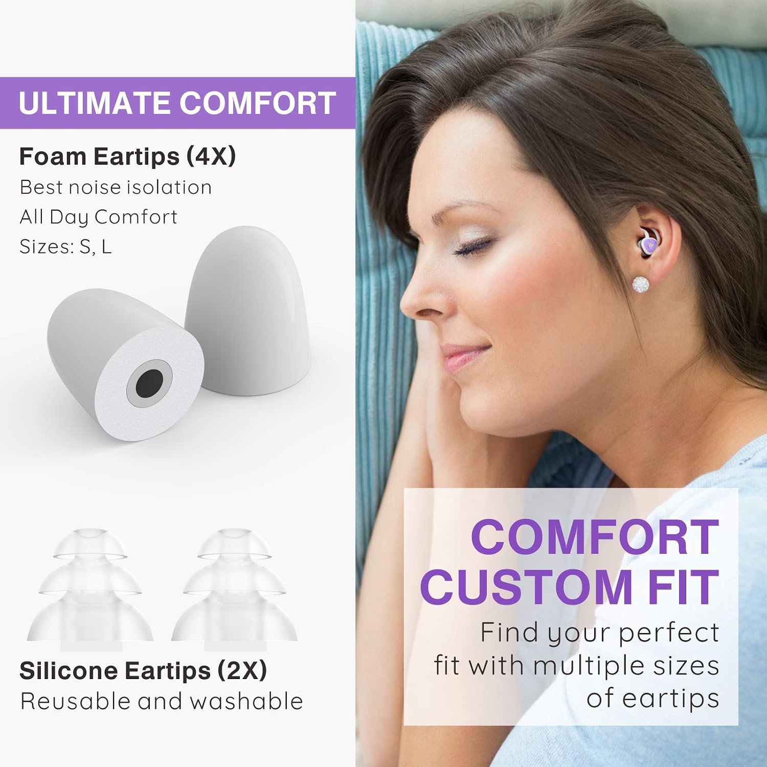 Ear Plugs for Sleeping, Hearprotek Upgraded Foam Tips Sleep earplugs with Interchangeable Silicone Tips Ear Plug for Noise Reduction, Sound Blocking, snoring, Study and Work (Purple)