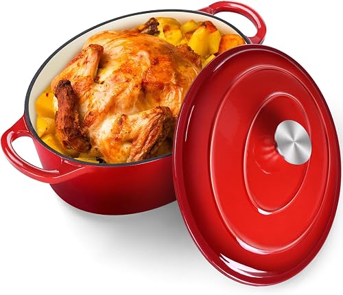 P&P CHEF 7QT Oval Dutch Oven Pot, Red Enameled Cast Iron Dutch Oven for Bread Baking, Roasting Chicken, Oven Safe & Easy Clean, Non-Stick & Dual Handles