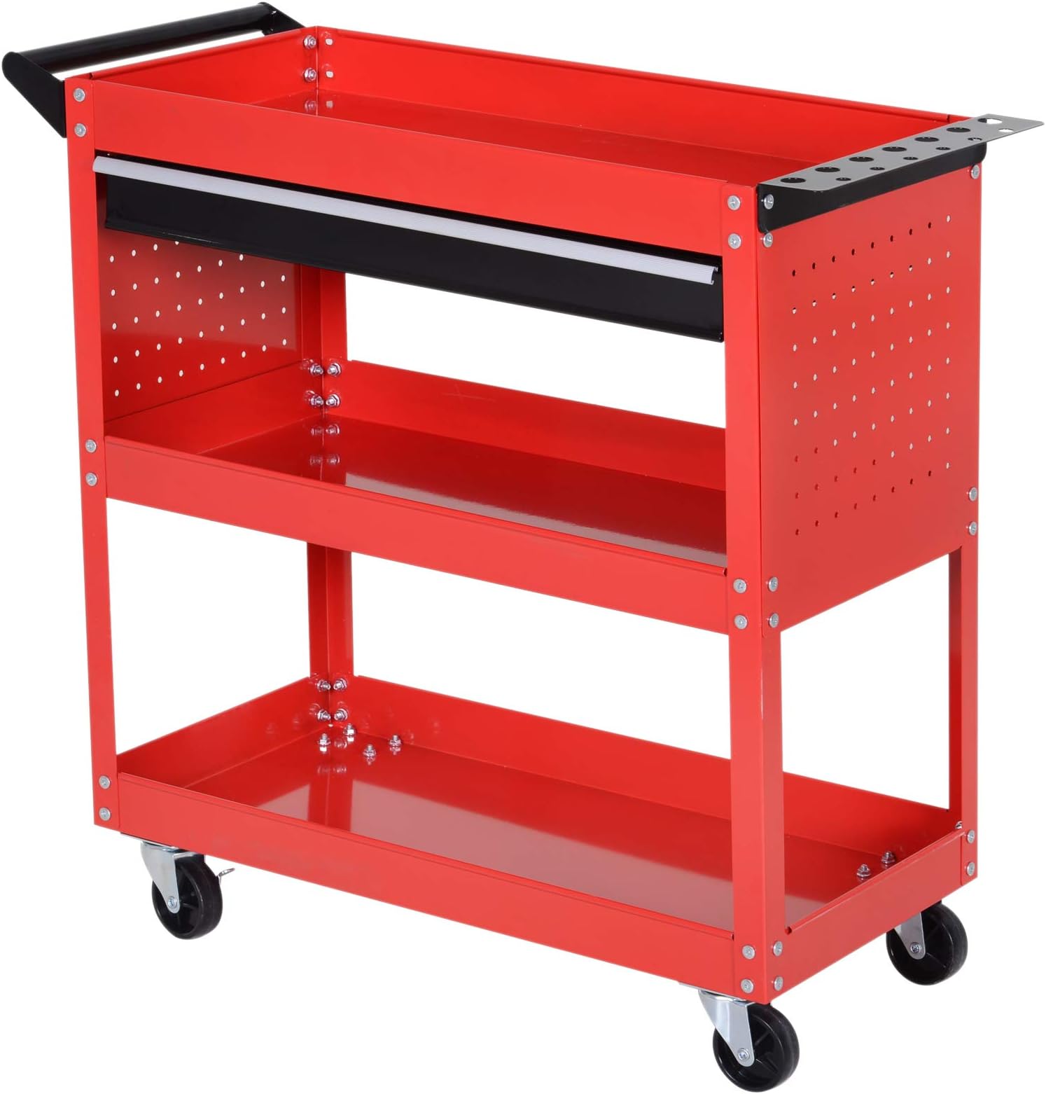 3-Tier Tool Trolley Cart Storage Shelf Roller Cabinet DIY Box Garage Workshop with Drawer Red