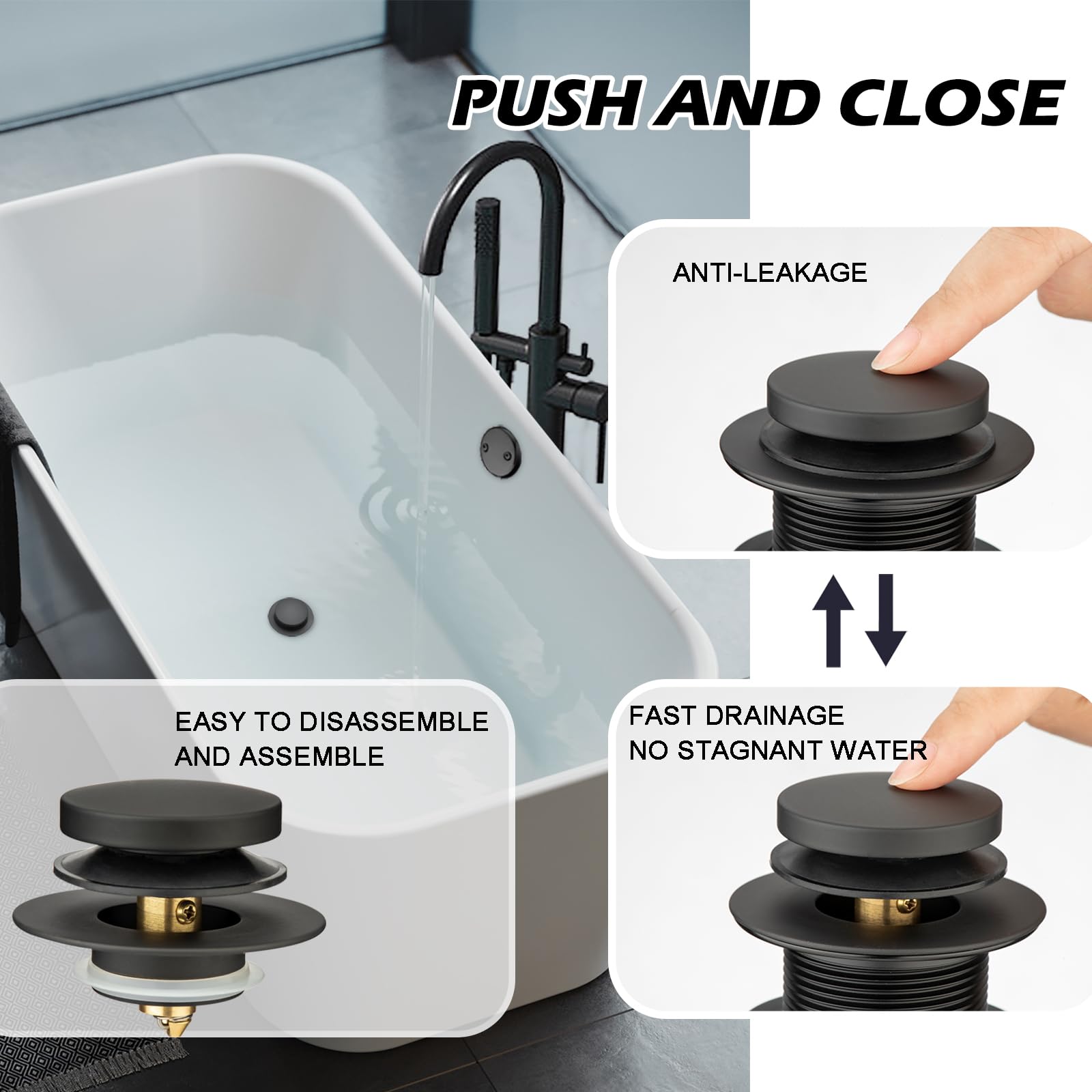 Badewannen-Ablauf-Set, 3,8 cm, mattschwarz, Überlaufrohr, Montage mit Badewanne, schnelle Installation, Pop-Up-Stöpsel und Überlaufblende, mattschwarz