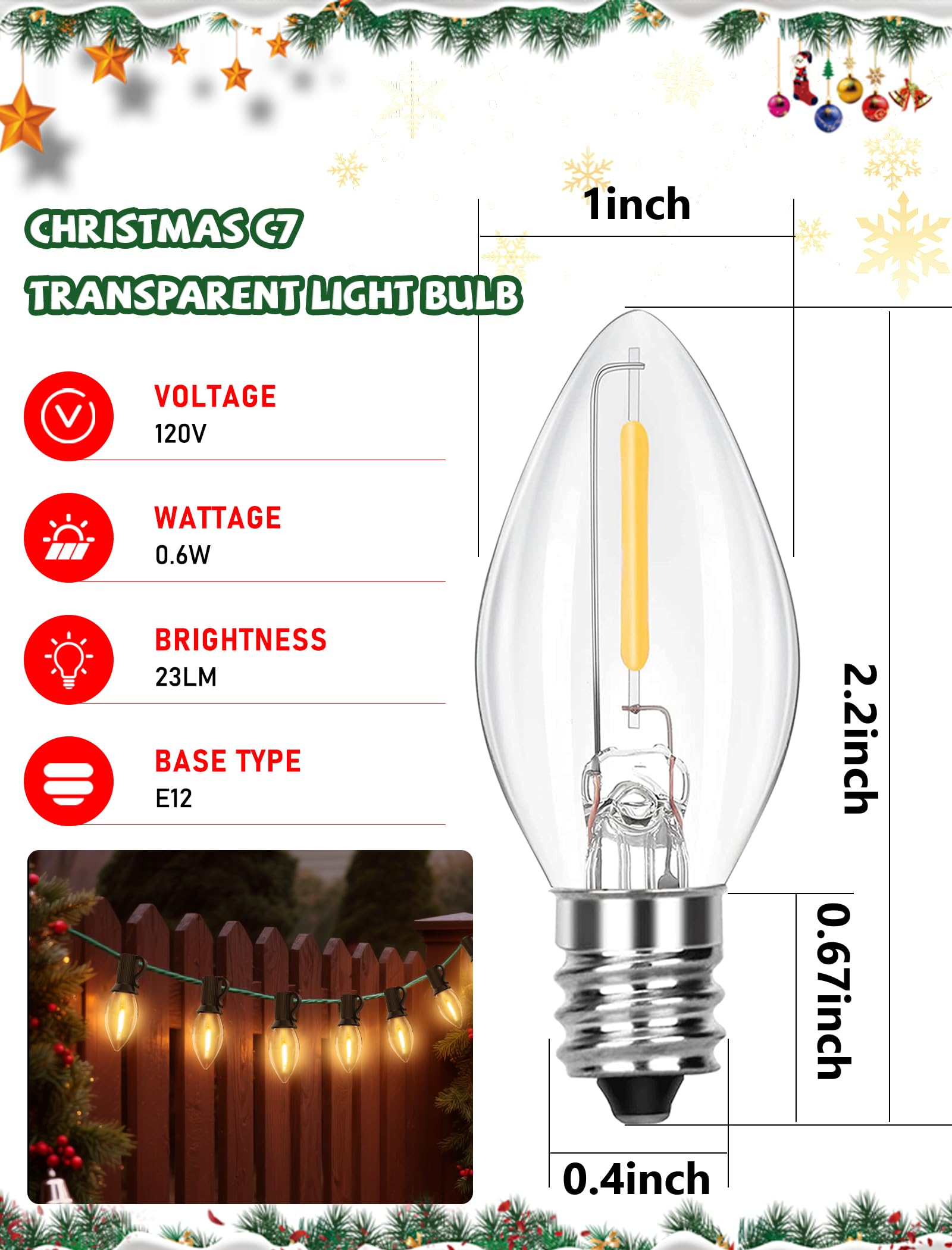 25 Pack C7 LED Warm White Christmas Light Bulbs E12 LED Replacement Bulbs for Indoor Outdoor Christmas String — view 2