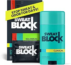 SweatBlock Sistema antitranspirante e desodorante de força clínica máxima para homens e mulheres, auxílio para hiperidrose e odor excessivos, 10 lenços DRIBOOST Plus desodorante em bastão unissex 76,5