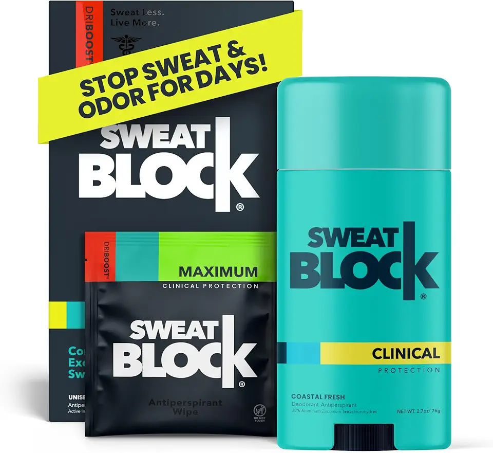 SweatBlock Sistema antitranspirante e desodorante de força clínica máxima para homens e mulheres, auxílio para hiperidrose e odor excessivos, 10 lenços DRIBOOST Plus desodorante em bastão unissex 76,5