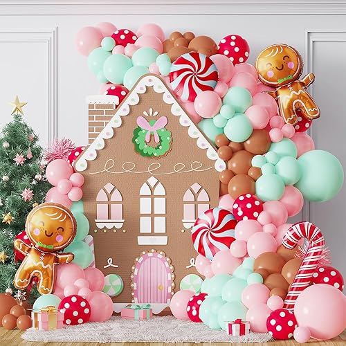 Miniatura 1 de Kit de guirnalda de arco de globos de jengibre de 139 piezas, guirnalda de globos de Navidad rosa pastel, verde, globo de bastón de caramelo de