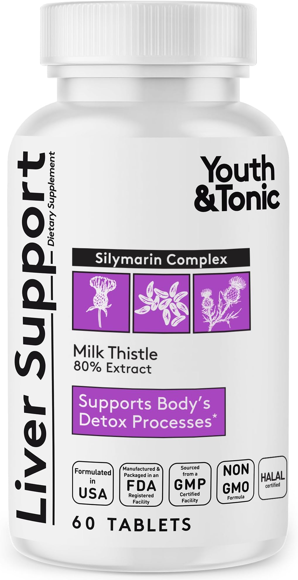 Youth & Tonic Liver Detox Cleanse Supplement – Silymarin Milk Thistle Complex Formula for Body Health, Repair & Support – Non-GMO Herbal Vitamins – 60 Capsules for Women & Men