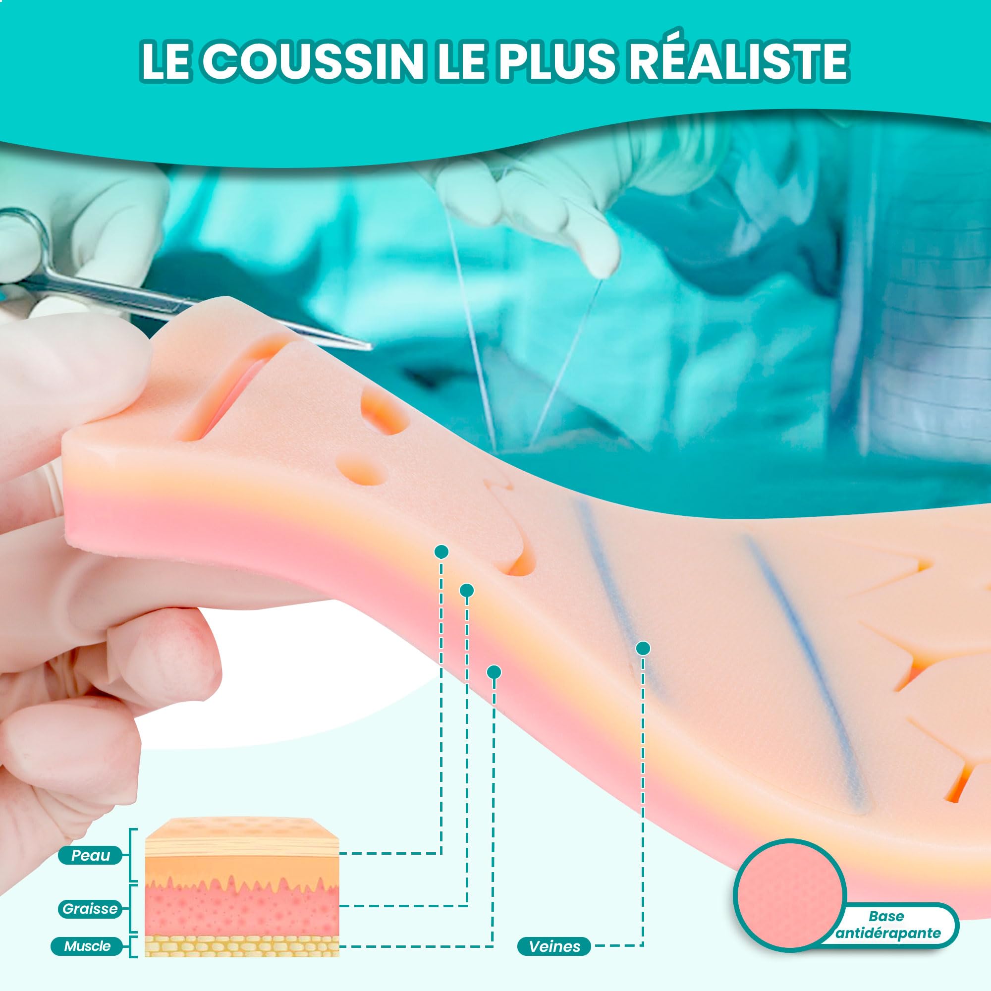 Kit suture avec Coussin Réaliste à Veines - Kit de Suture pour pratiquer, kit de suture etudiant medecine avec e-learning, kit suture medecine pour Étudiants, cadeau étudiant médecine