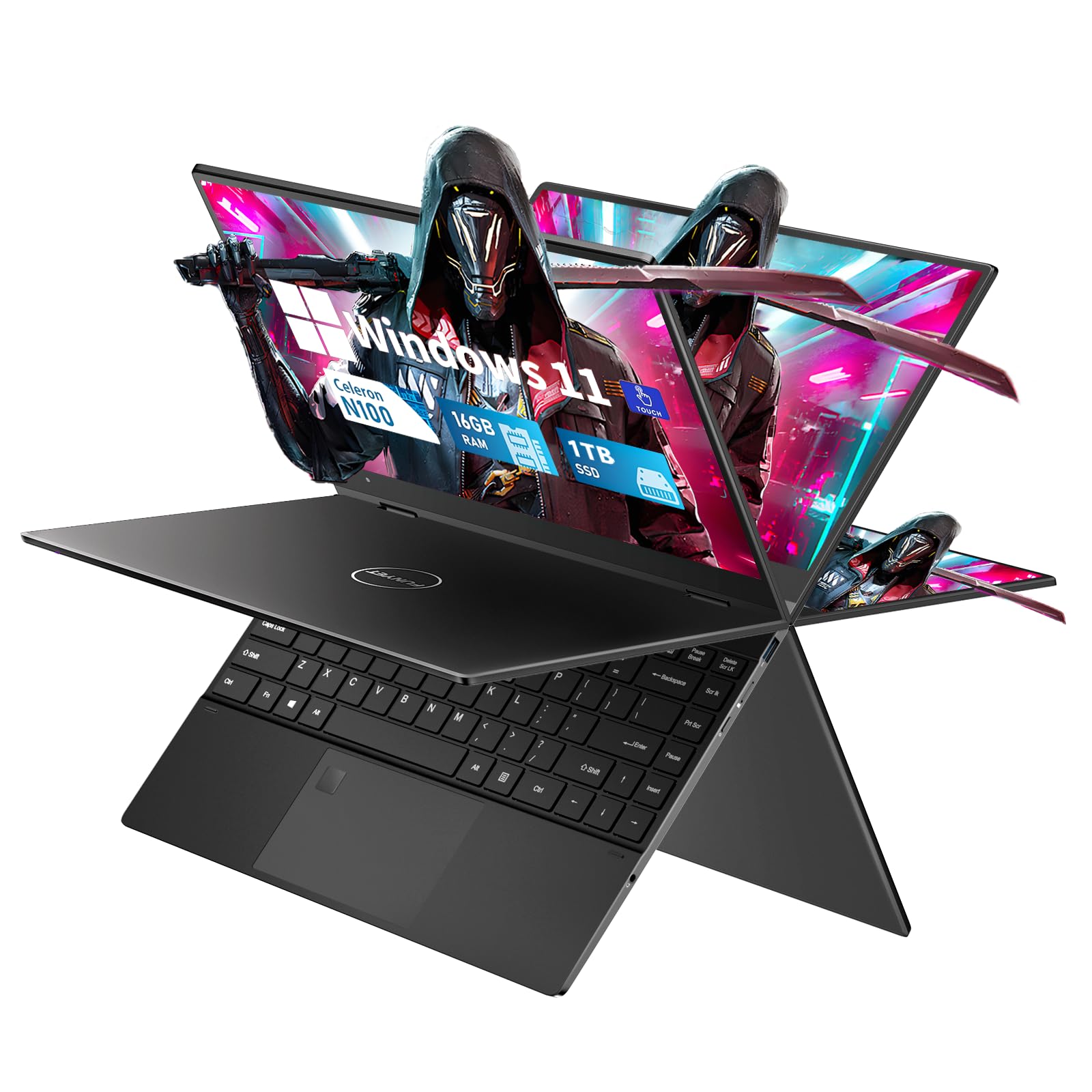 FUNYET Portatile 14 pollici, Windows 11 Pro laptop PC, N100 CPU 1920 × 1200P IPS schermo portatile FHD 16GB 1TB SSD USB Bluetooth mini HDMI WiFi tastiera retroilluminata