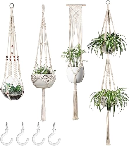 Mkono Juego de 4 perchas para plantas de macramé para interiores colgar en la pared con 4 ganchos para decoración del hogar caja de regalo color Mkono Juego de 4 perchas para plantas de macramé para interiores colgar en la pared con 4 ganchos para decoración del hogar caja de regalo color