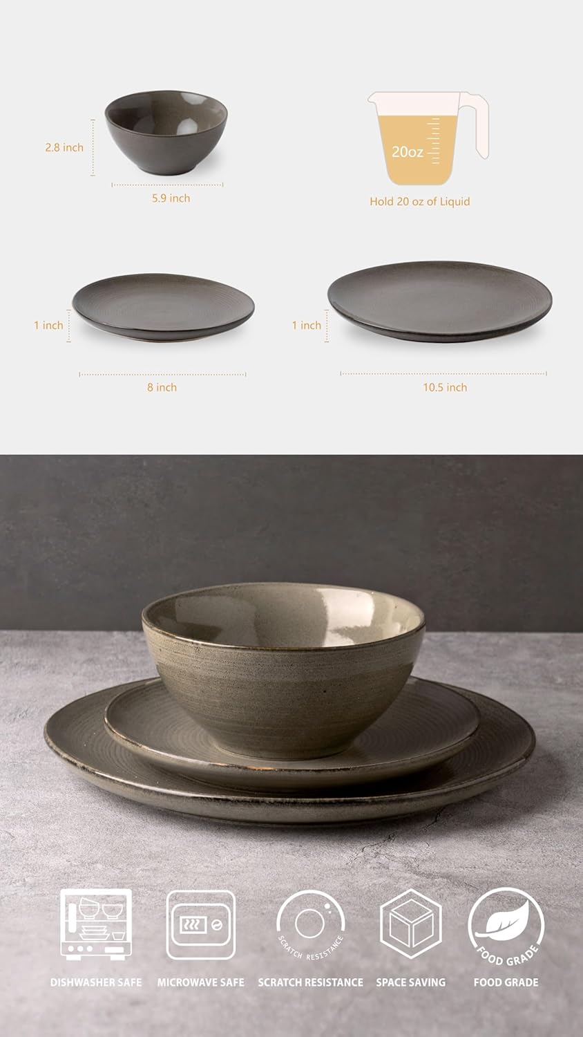 famiware Tempus Plates and Bowls Set for 4, 16 Pieces Dinnerware Sets, 40 oz Pasta Bowls for Serving - Dark Olive