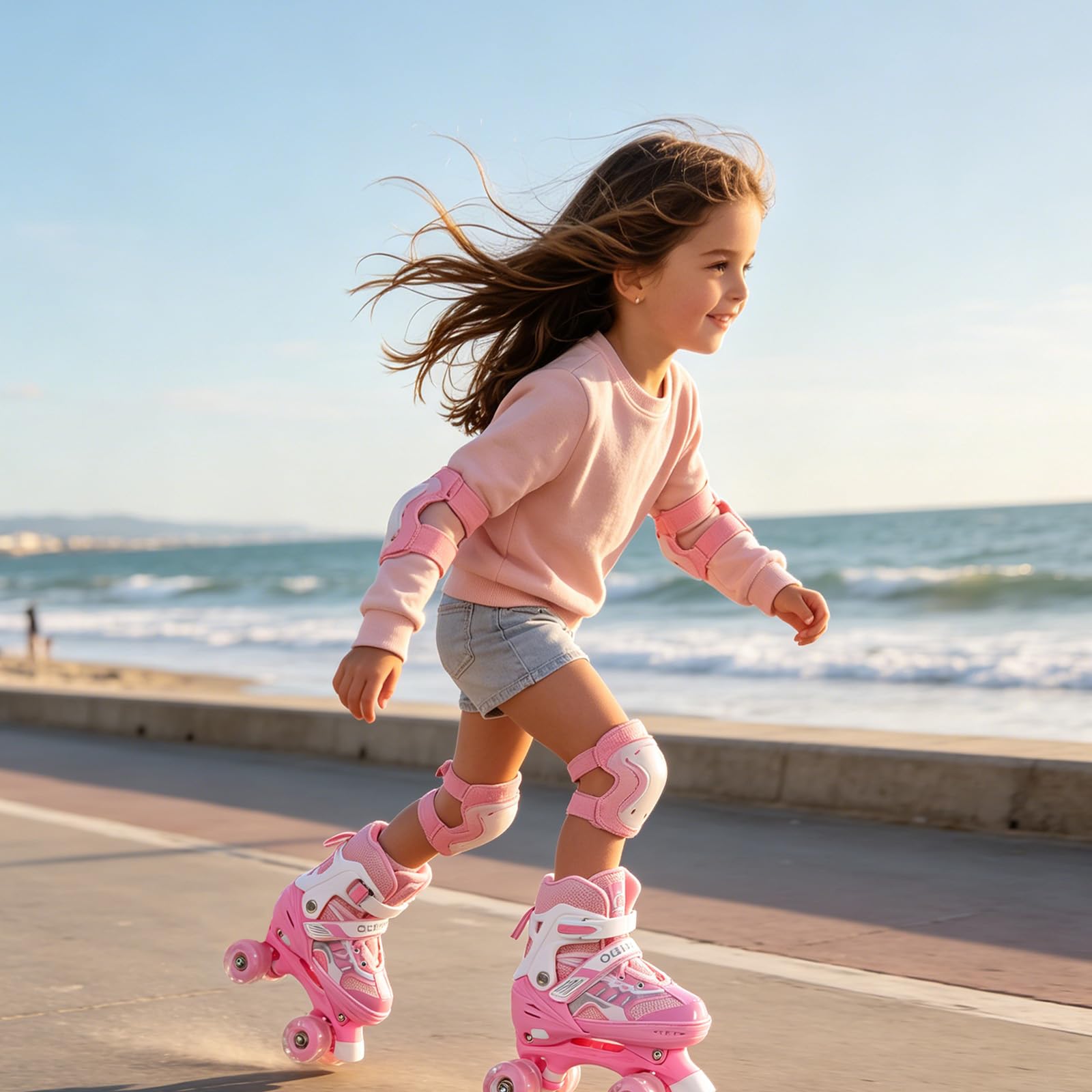 OHMG Roller per bambini, bambine e ragazzi, pattini a rotelle per bambini, 4 dimensioni regolabili, pattini a rotelle per bambini con 8 ruote luminose, pattini a rotelle per bambini per principianti
