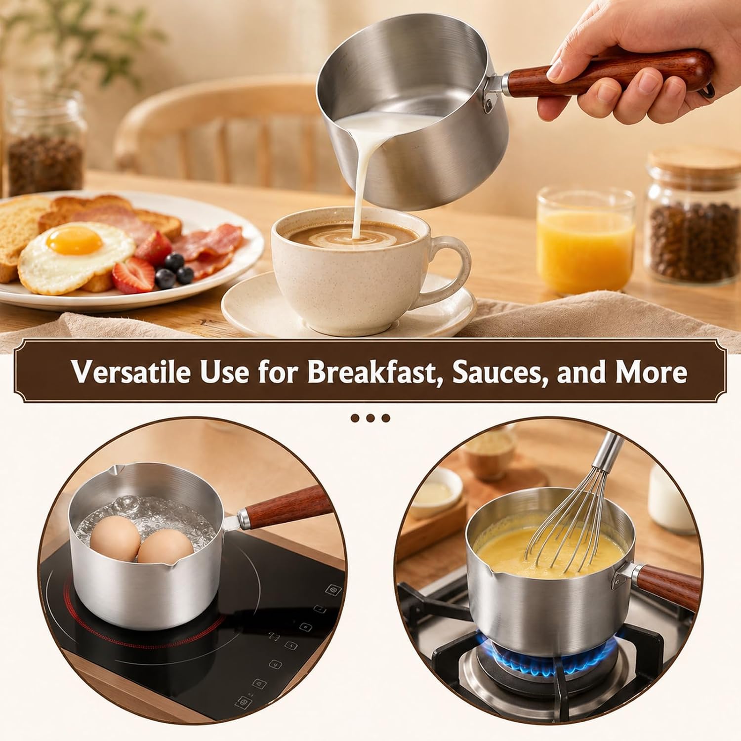 500ml Small Sauce Pan Butter Warmer Pot Stainless Steel Milk Pot with Wooden Handle, Pour Spouts and Measurement Lines for Melting Butter, Heating Milk, Sauce, Chocolate, Coffee