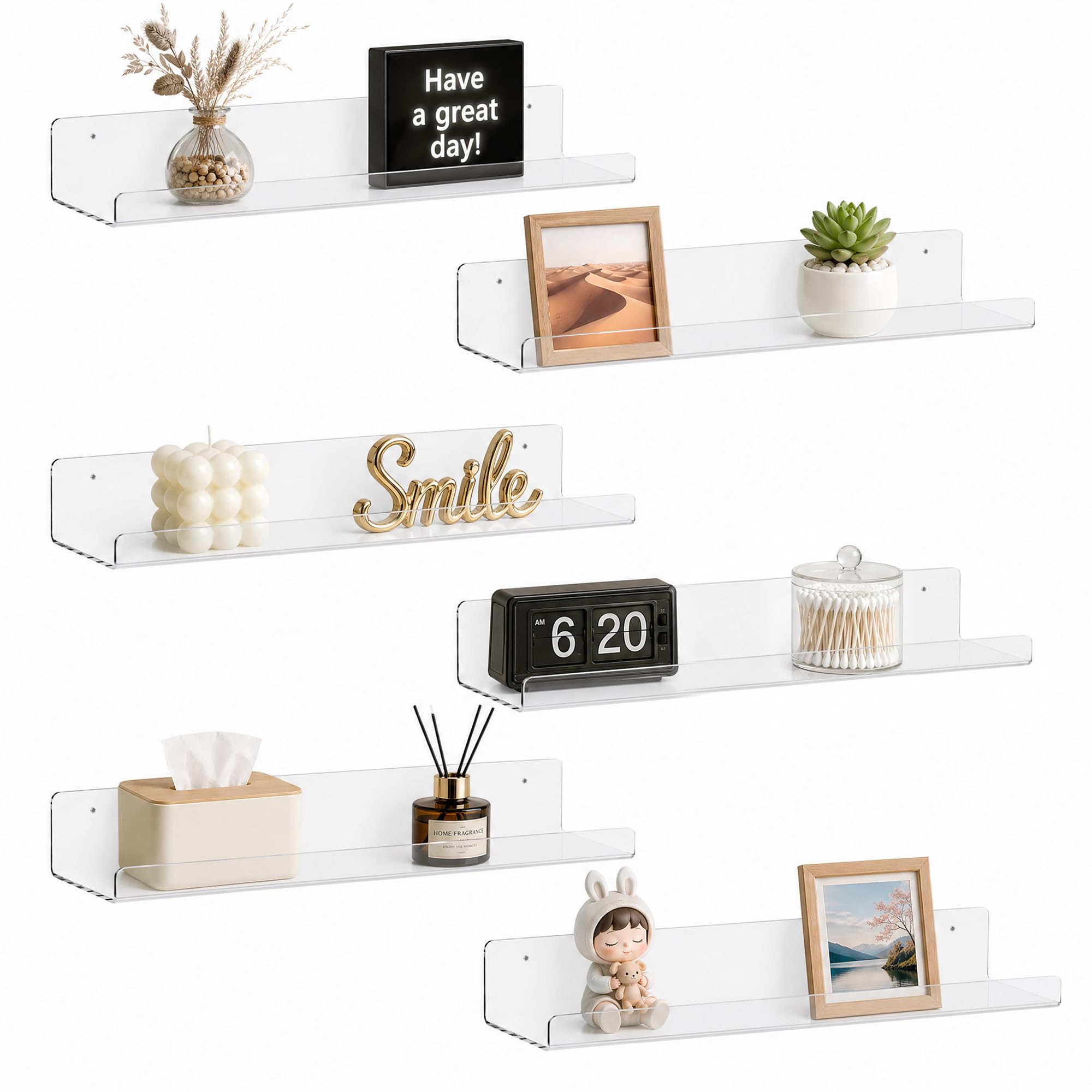 RICHER HOUSE 6 Pack Clear Acrylic Floating Shelves for Wall, 15"x4" No Drill Bathroom Shelf, Dual-Mount (Adhesive or Screws) for Vinyl Record,Cosmetics,Room Décor Shelves for Bedroom,Office, Kitchen