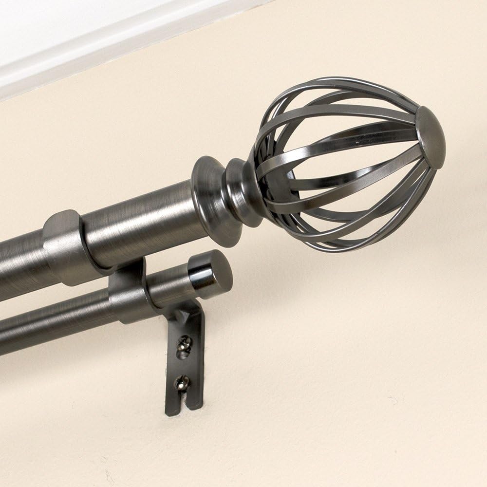Lumino Cage Double Curtain Rod Set, 1” Diameter (With Multiple Color Options), Curtain Rod, Drapery Rod, Decorative Rod, Decor, Plated Brushed Pewter, 42-120“ Width