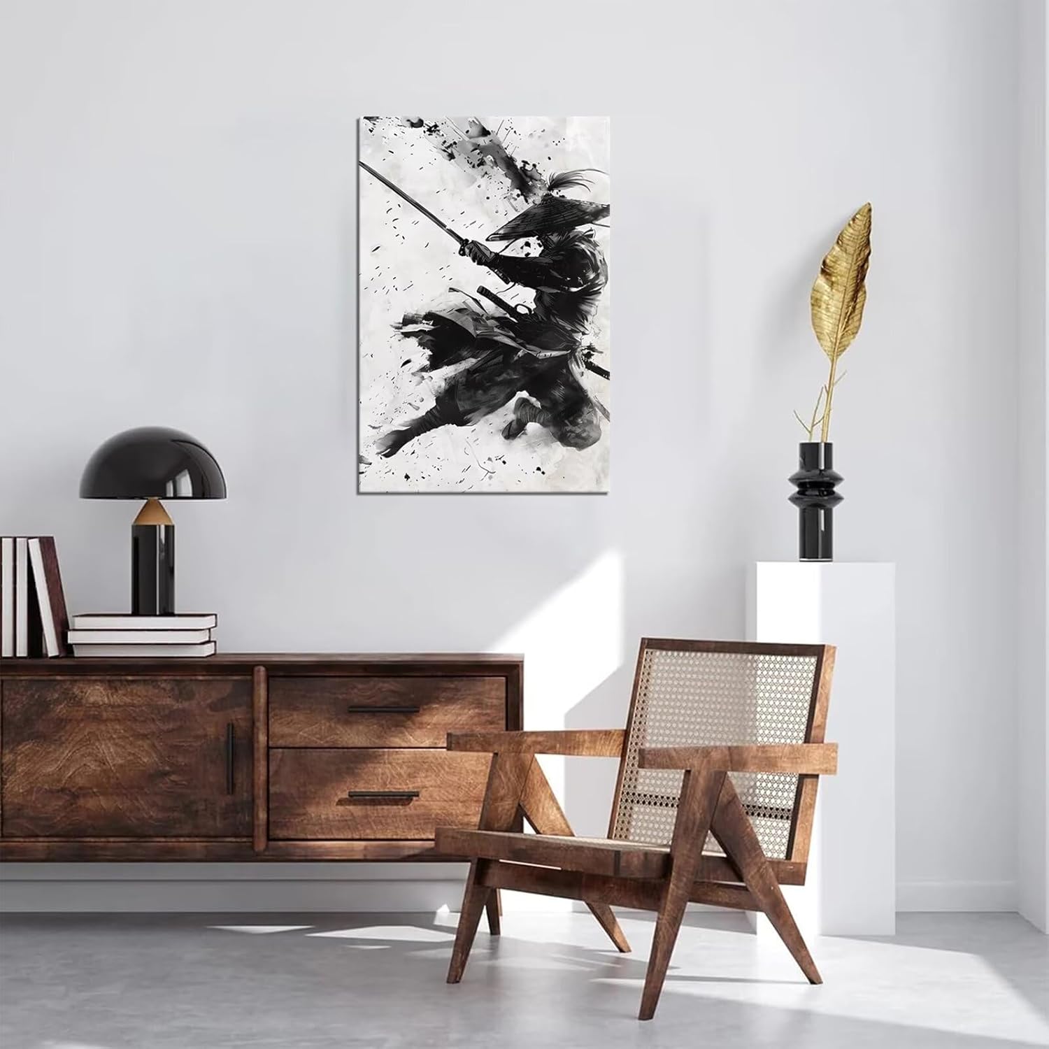 Japanese Samurai Wall Art Samurai Figure Sword Warrior Wall Posters Black and White Combat Picture Modern Watercolor Painting for Living Room Office Japan Themed Dorm Man Cave Decor (24''W x 36''H)