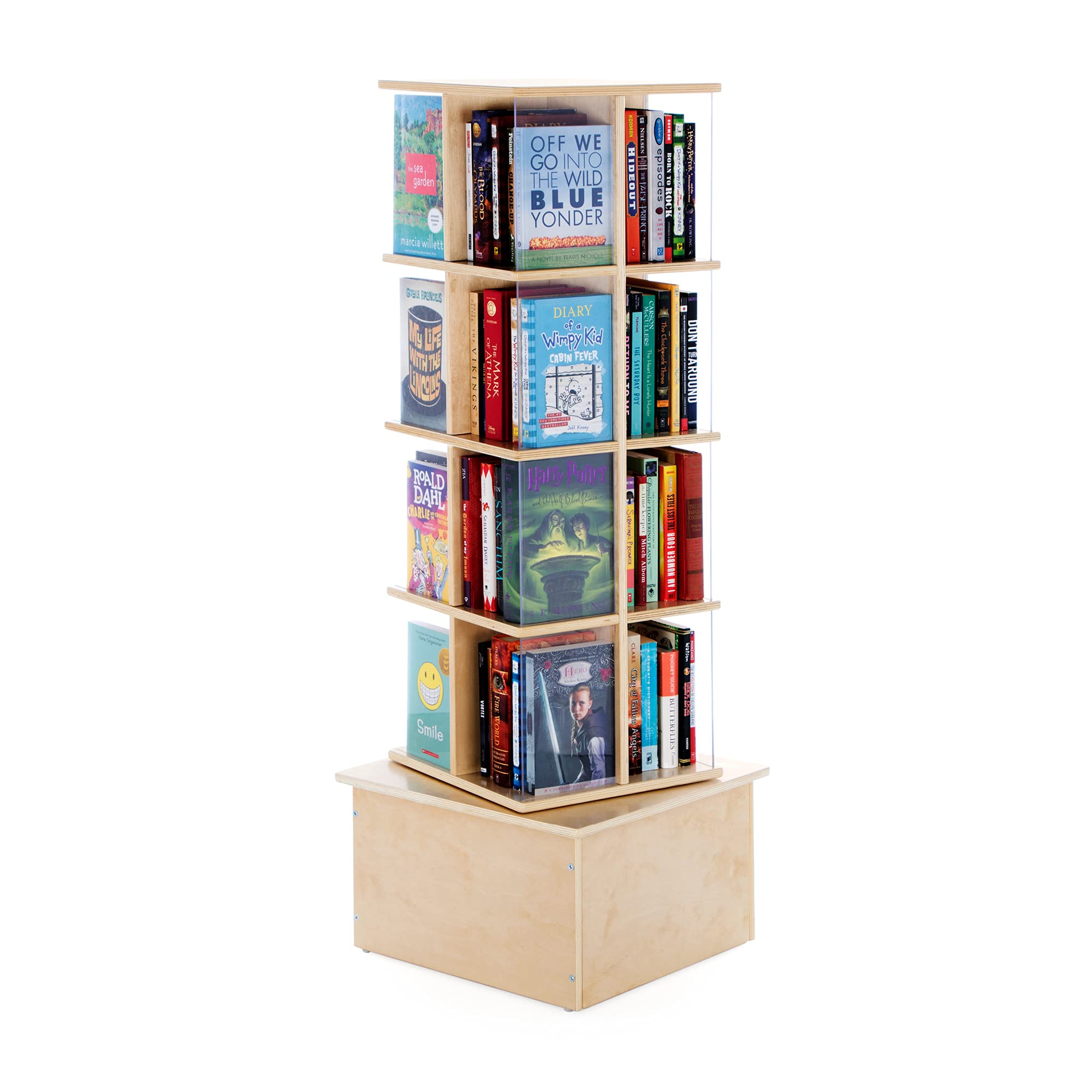 GuidecraftFloor Standing Rotating Book Display: Spinning Bookshelf Tower for Classroom, Kids Playroom, Library | Revolving Bookcase w/Acrylic Windows, Birch Plywood Montessori Storage Furniture