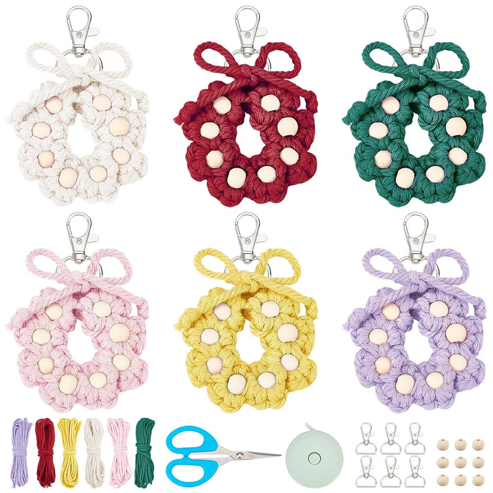 WEBEEDY Set di 6 kit macramè con ghirlanda di fiori, portachiavi in corda di cotone, kit di portachiavi in macramè per adulti principianti, forniture in macramè con istruzioni per borsa, portafoglio