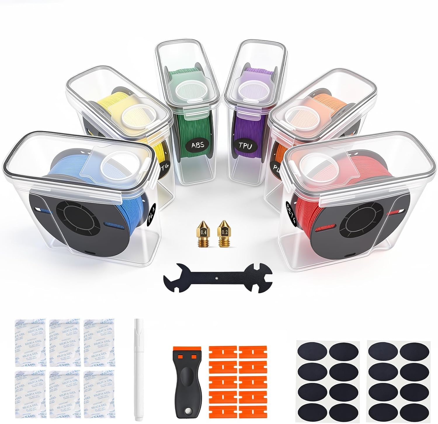 6 Pack 4L Filament Storage Box Hygrometer Airtight Dry Box for 3D Printer Filament Sealing, Complete Kit: 11 Pcs Spatula/Blades, 2 MK8 Nozzles, Wrench, Pen, Stickers & Reusable Desiccant