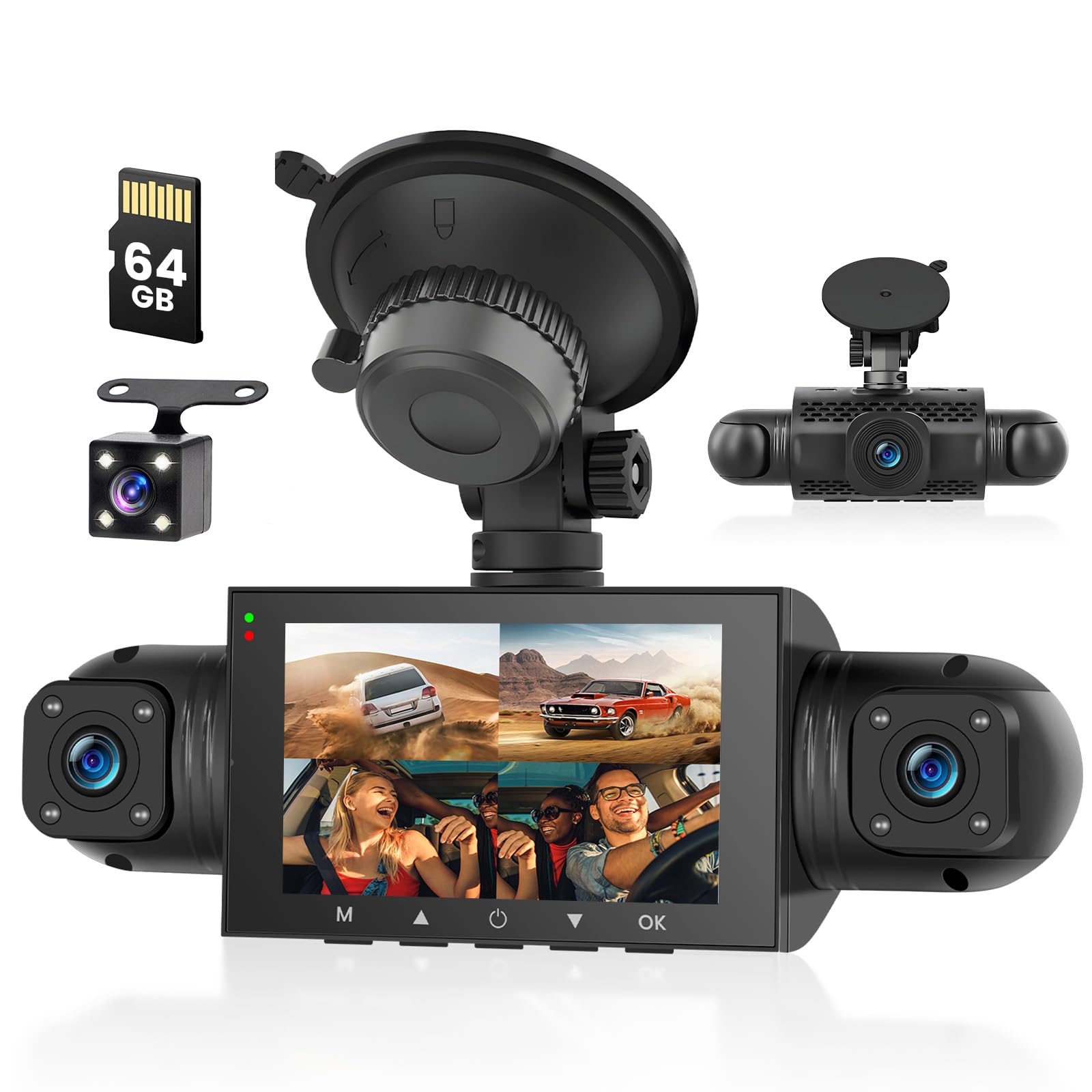 Dash CAM Coche con 4 Camaras 360° 1080P Delantera Trasera Izquierda Derecha Tarjeta SD de 64GB, Camara Coche Grabadora con Grabación en Bucle Sensor-G Visión Nocturna Asistencia de Respaldo