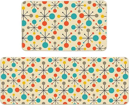 Mid Century Fifties Modern Atomic Kitchen Mats and Rugs Set of 2 | Yellow Retro Floor Mats for Kitchen Sink Home Decor Cute Kitchen Rug Non Slip Washable, 17"x29"+17"x47"