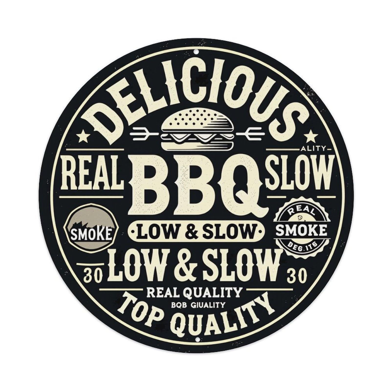 Delicious Real Bbq Slow Smoke Round Tin Sign Vintage Metal Poster, Home Bar Garage Man Cave Cafe Indoor & Outdoor Wall Decoration 8x8Inches