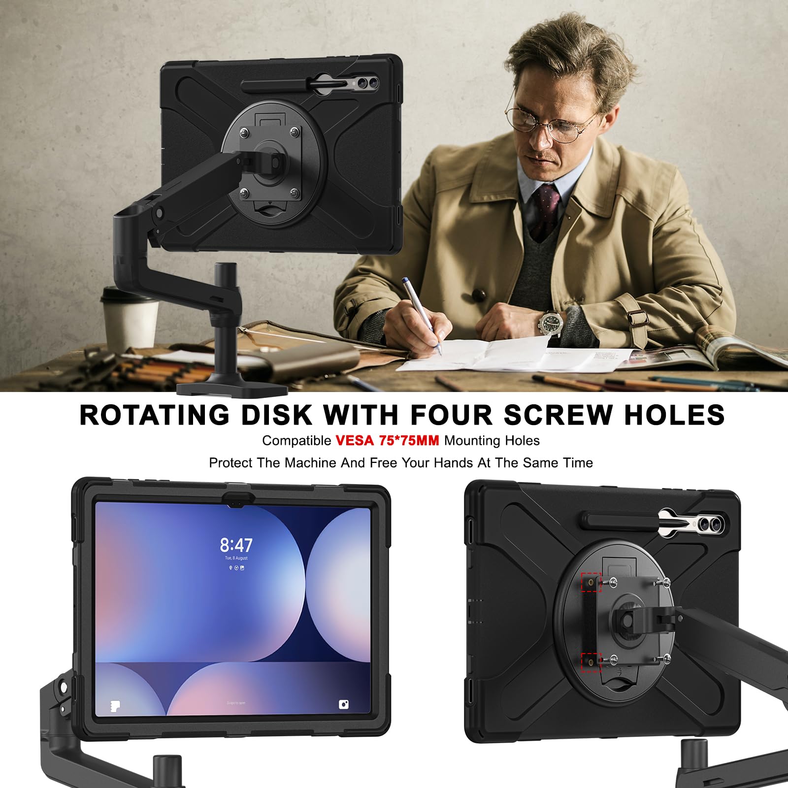 Etui kompatybilne z Samsung Galaxy Tab S10 Ultra 2024/ S9 Ultra/ S8 Ultra 14,6 cala, [wbudowany uchwyt na ołówki] odporne na wstrząsy, wytrzymałe etui ochronne, obrotowy stojak/pasek na ramię (czarny)