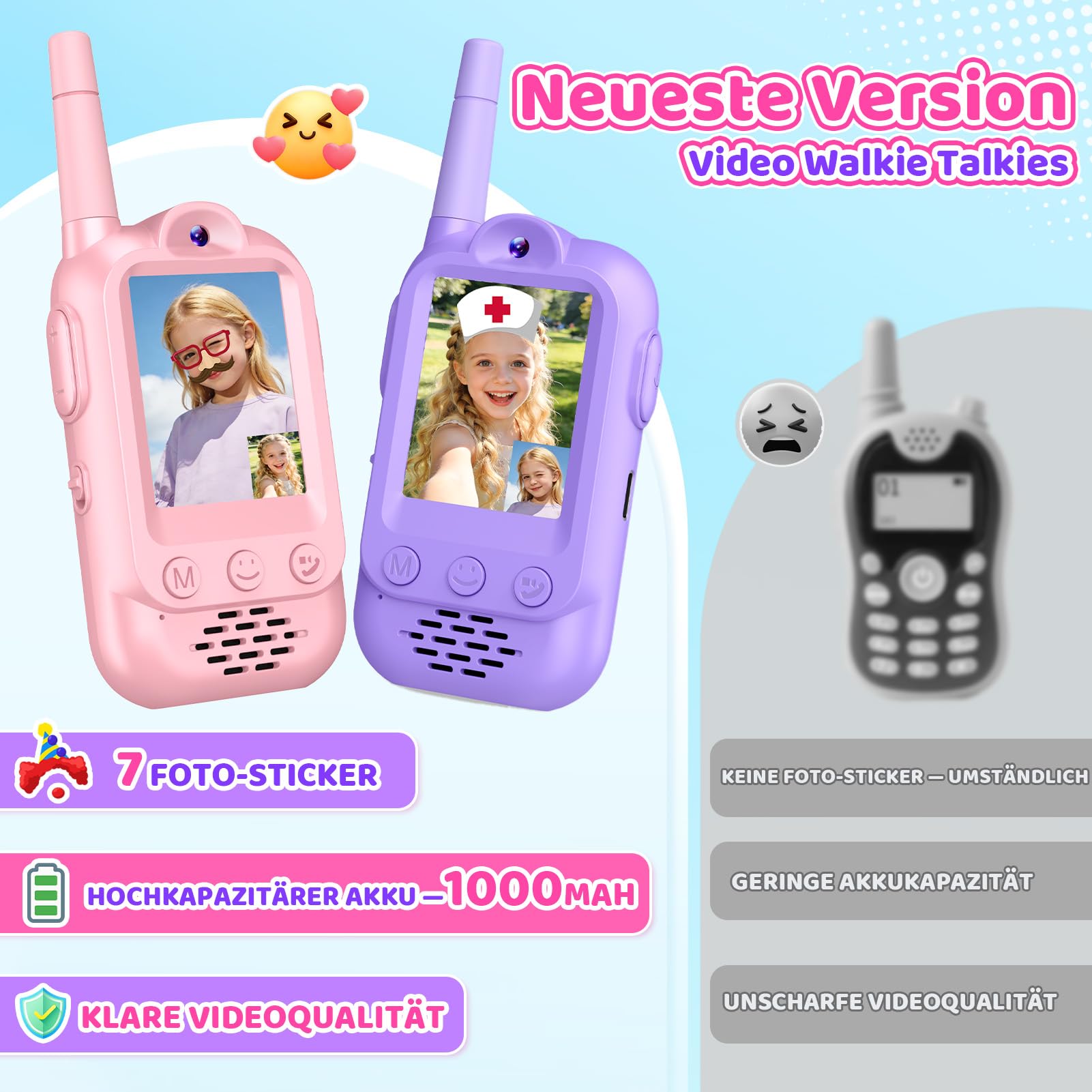 Walkie Talkie Kinder mit Video, Geschenk Mädchen 3 4 5 6 7 8 Jahre Walky Talky Kinder Aufladbar Spielzeug ab 3-12 Jahre Mädchen Geschenkideen Funkgerät Kinder Oster Geschenke Spielzeug für Draußen