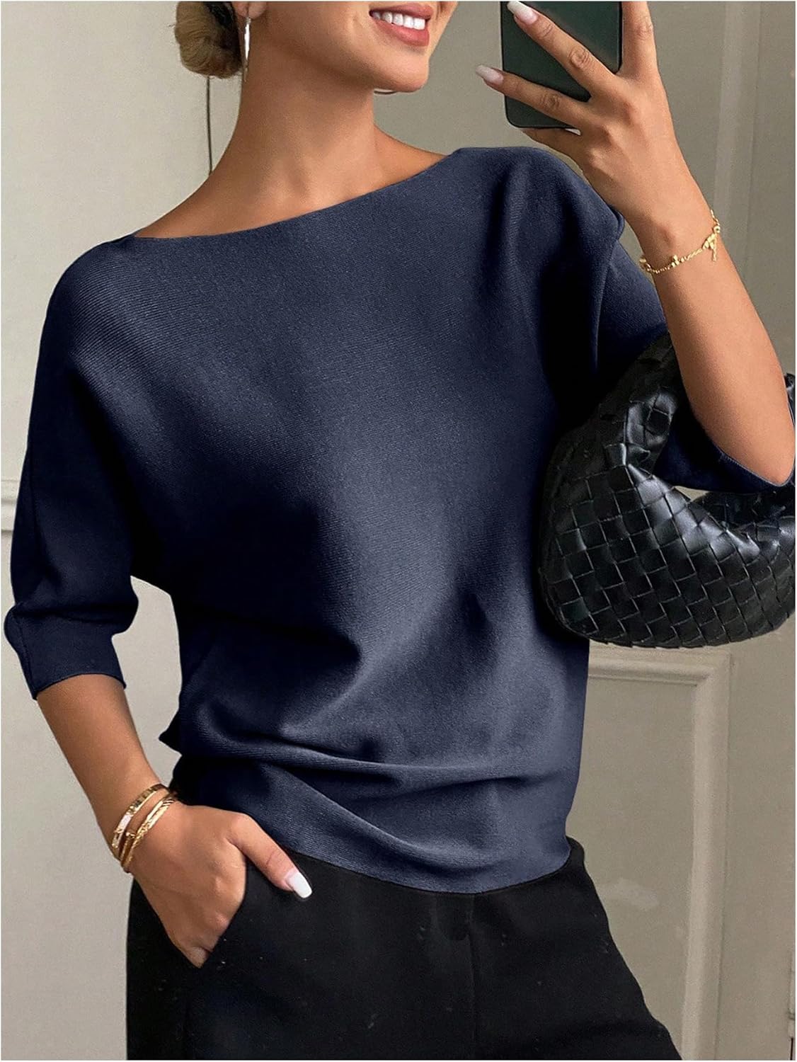 SweatyRocks Women's Boat Neck Half Sleeve Sweaters Trendy Casual Pullover Business Casual Knit Tops