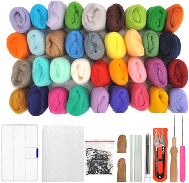 WOWOSS Needle Felting Start Kit 36 Colours Natural Wool Roving Set and Needle Felting Tools for Hand Spinning DIY Craft Projects, Perfect Wool Felting Kit for Beginners Adults