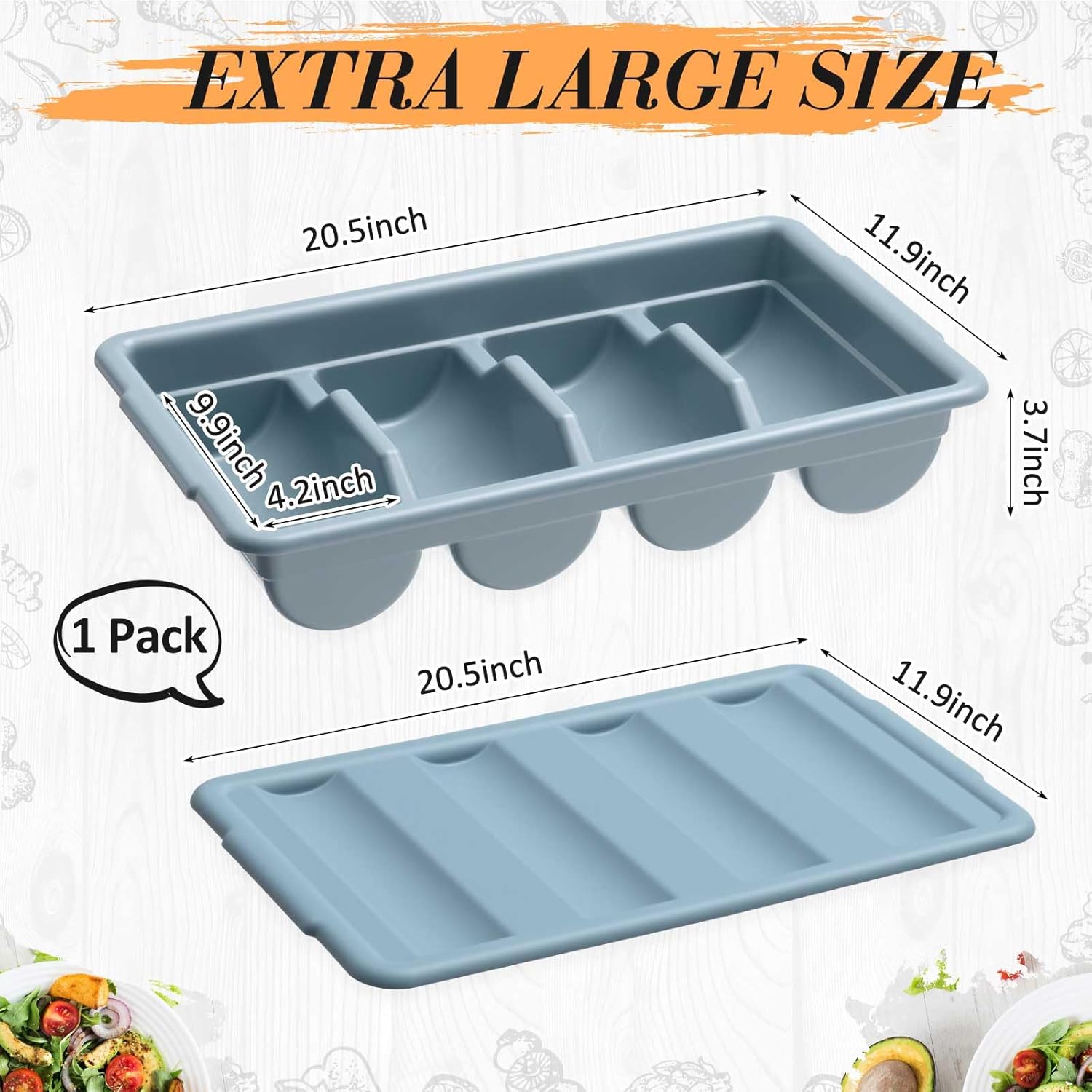 Maxdot 1 Pcs 20.5 x 11.9 x 3.7 Inch Silverware Organizer with Lid, Commercial 4-compartment Restaurant Kitchen Cutlery Tray, Plastic Silverware Storage Container, Condiments Holder (Grayish Blue)
