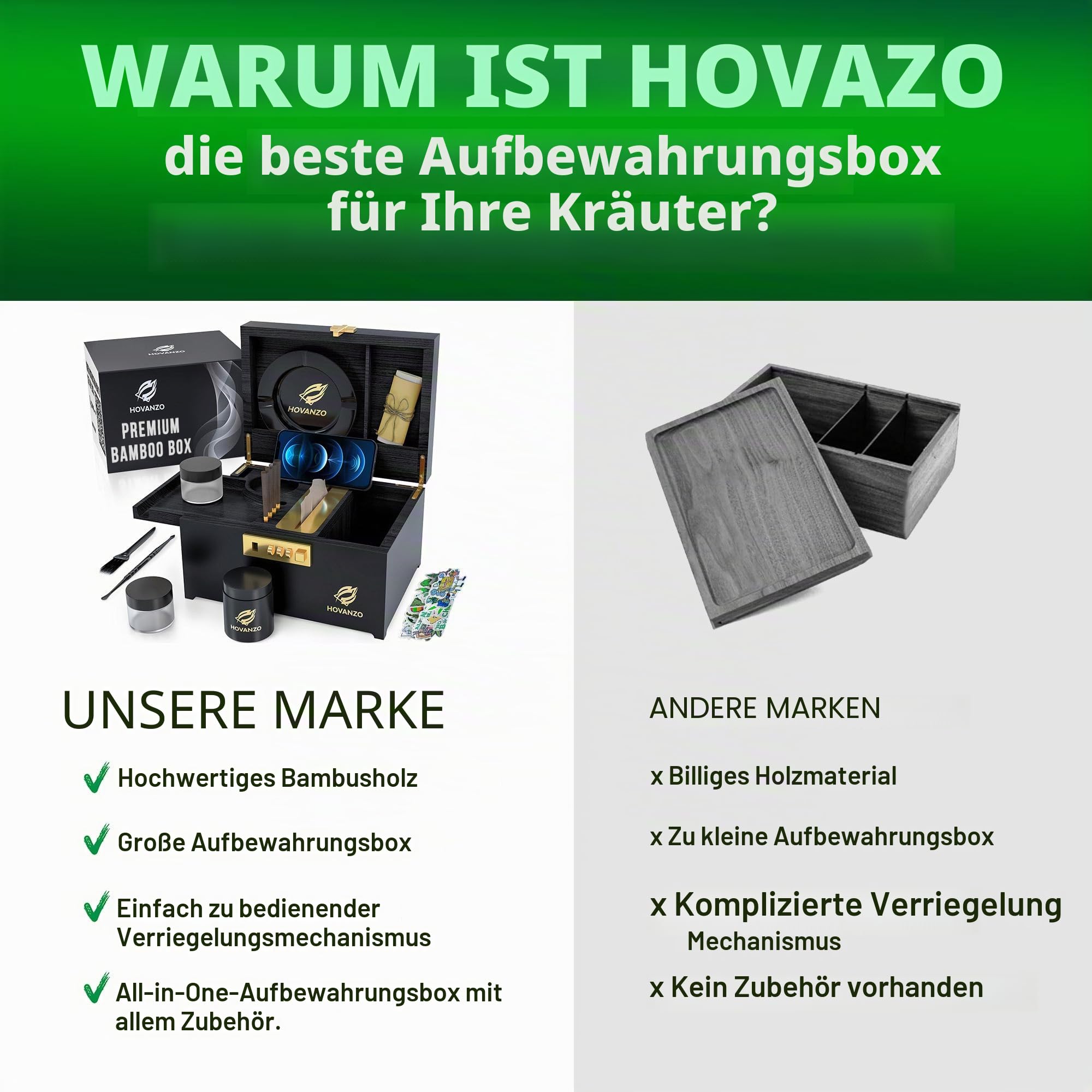 HOVANZO Premium Große Bambusbox - Verriegelung Aufbewahrung Dekorative Box mit Zahlenschloss - Aufbewahrungsbox Holz Verriegelung Aufbewahrungsbox mit Rolltablett - Aufbewahrung Holzkiste mit Zubehör
