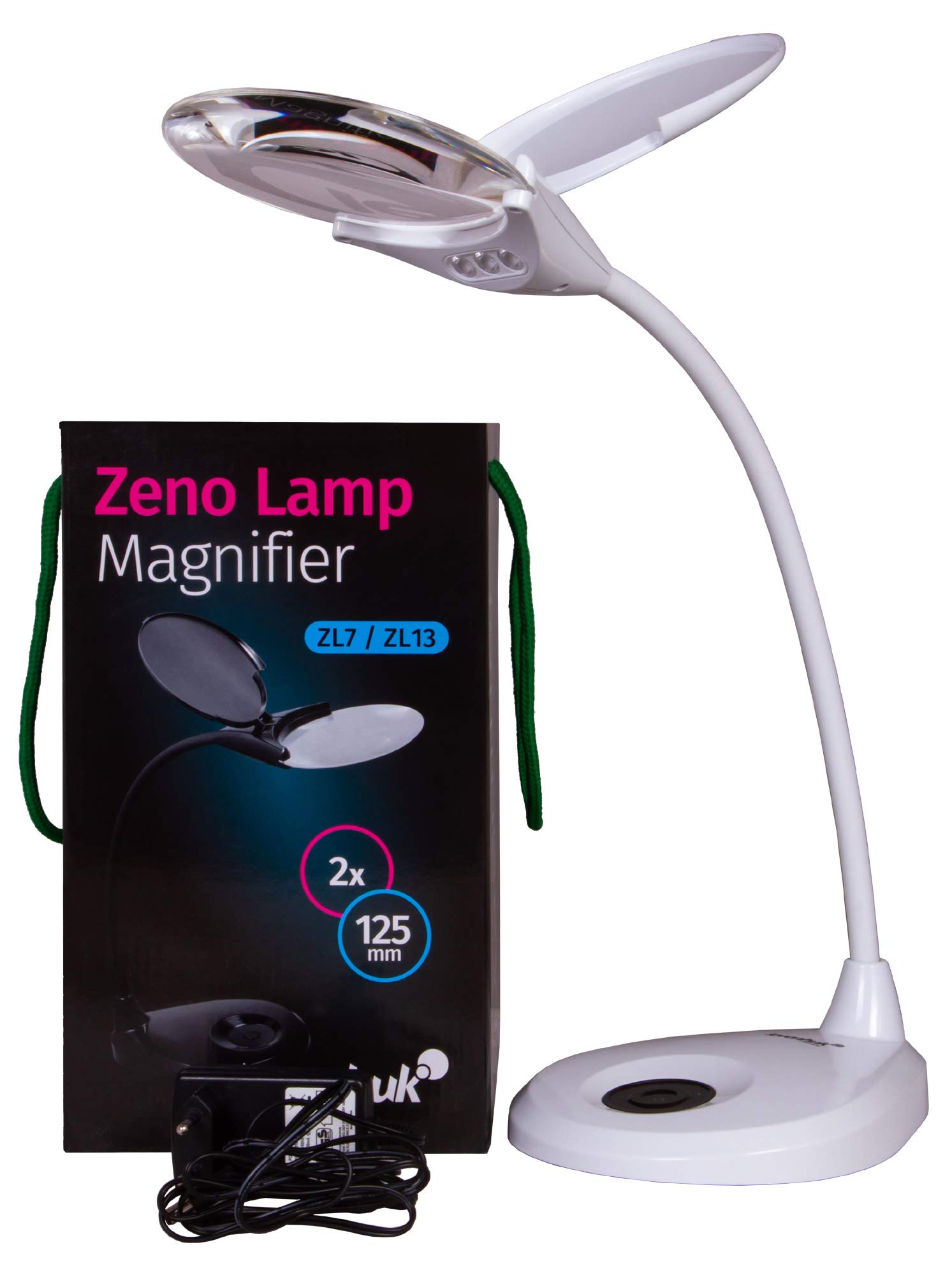 Lupa de Sobremesa Levenhuk Zeno Lamp ZL13 con Iluminación por LED, Ampliación de 2X, Cubierta Protectora y Brazo Flexible para Trabajar de Cerca, Color Blanco