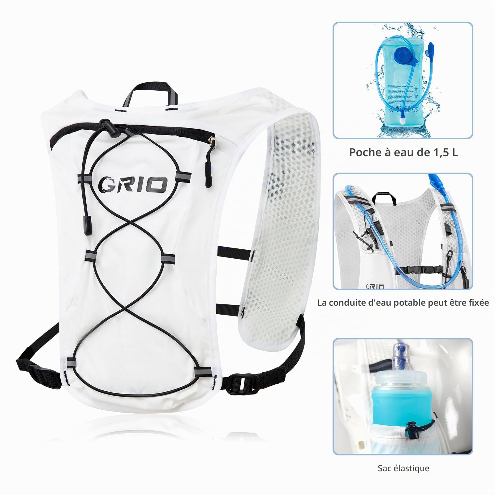 Gilet de course pour homme et femme, sangles de poitrine réglables, gilet d'hydratation avec poche d'eau de 1,5 L, léger, respirant, réfléchissant, pour marathon, sentier, randonnée, cyclisme
