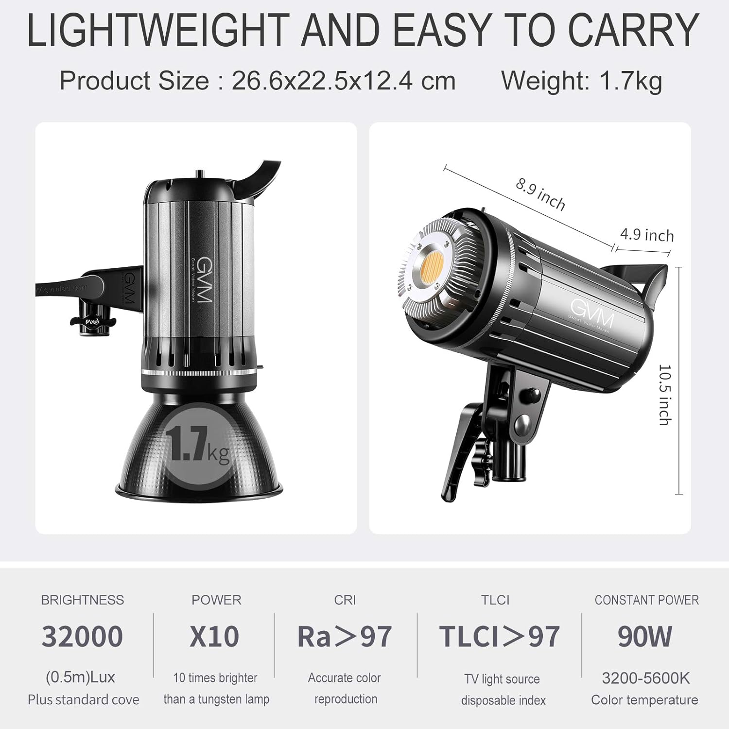 GVM 100W LED Video Light,CRI 97 dimmable Spotlight,App Control Continuous Output Lighting 3200-5600K Bi Color Daylight Balance Used for Portrait Photography,Video Recording and Outdoor Shooting