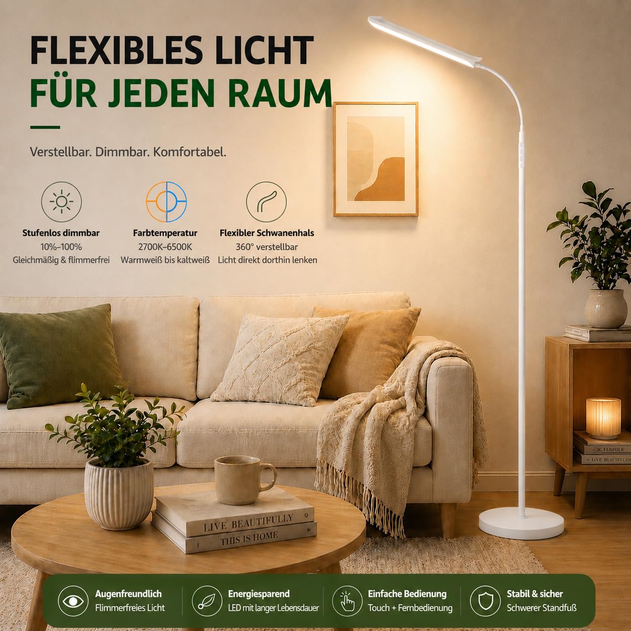 Torkase LED Stehlampe Wohnzimmer, 18W 1800LM Dimmbare Stehleuchte mit Magnetischer Fernbedienung, 360° Flexibler Schwanenhals Leselampe Schlafzimmer, 2700K-6500K Modern Weiß