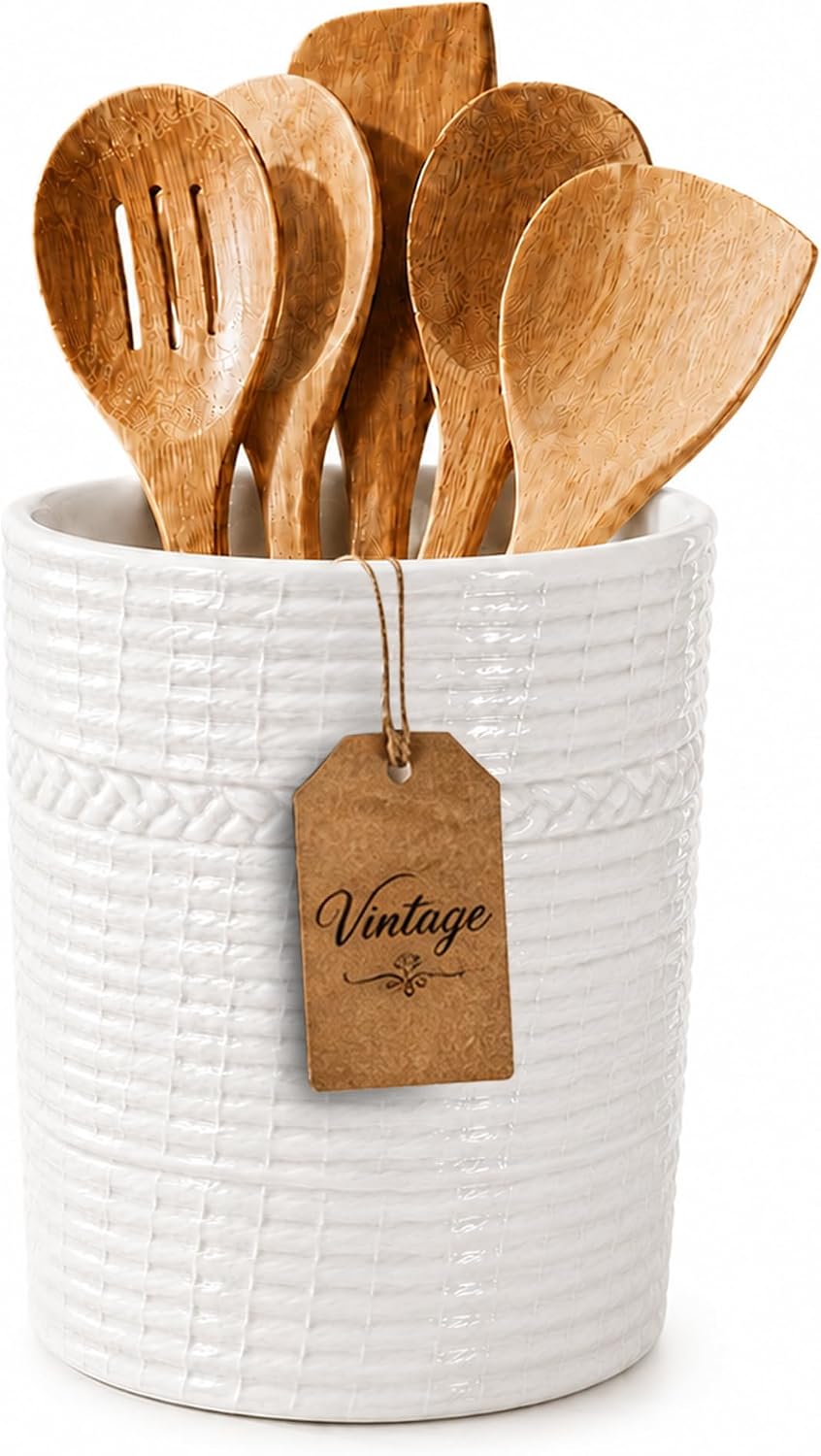 Handcrafted Cooking Utensil Holder, Extra-Large Crock, White