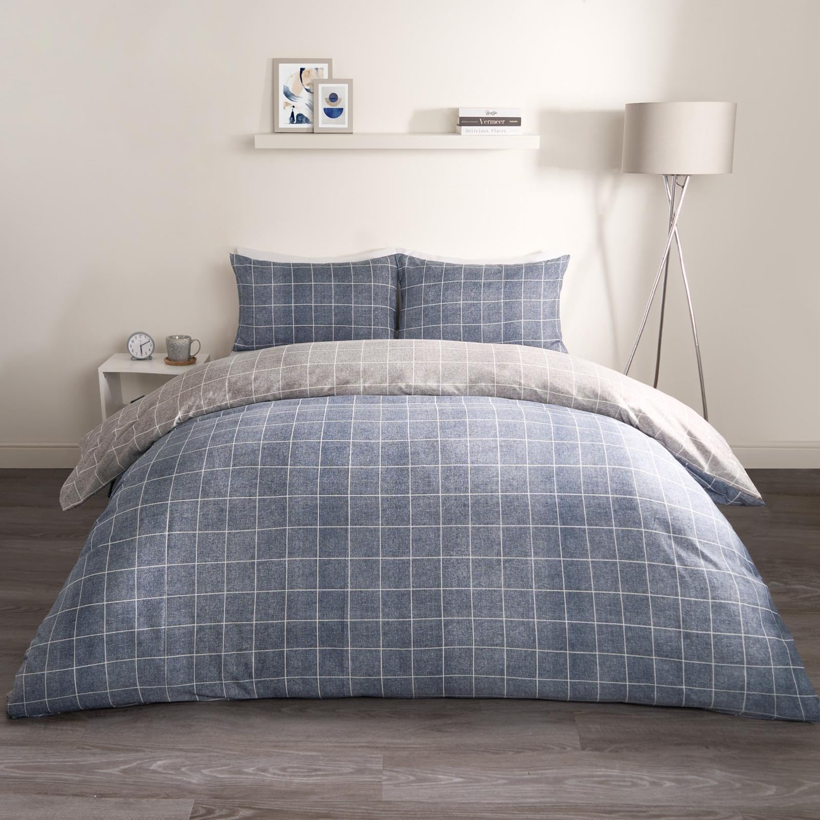 OHS Check Double Duvet Set, Reversible Bedding Double Bed Set Decorative Luxury Gingham Duvet Covers with Pillowcases Super Soft Comfy Quilt Bedding, Navy & Grey