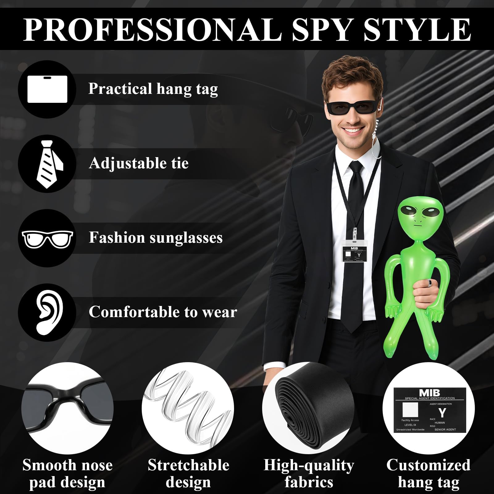 Agent Costume Accessories Set, Secret Agent Dress-Up Kit with ID Card, Black Sunglasses, Fake Earpiece, Zip Tie - Image 3