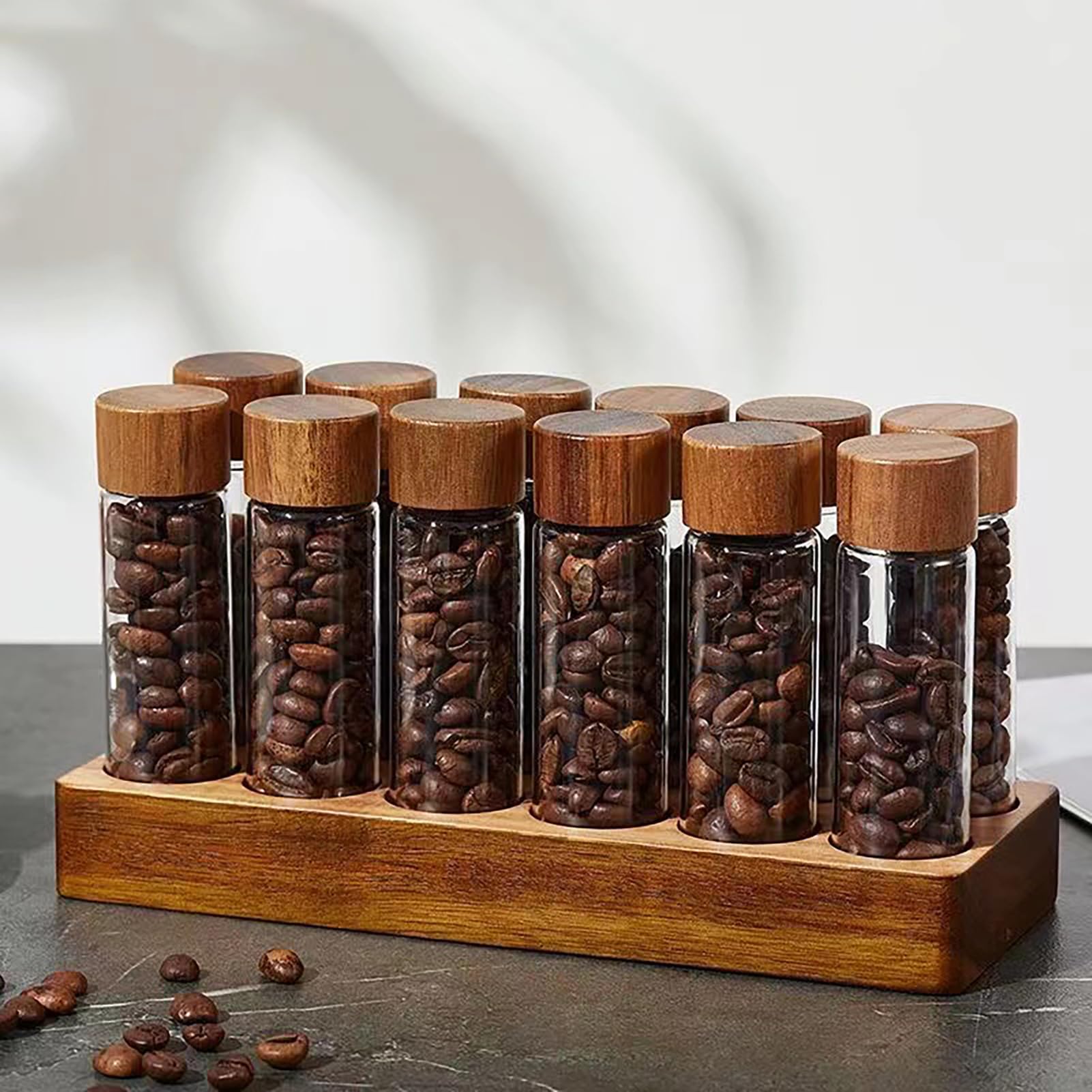 Walnoot massief houten sokkel koffieblikjes 12 buizen koffiebonenopslag van hout voor afzonderlijke porties, glazen flesjes met deksels, houder displaystandaard