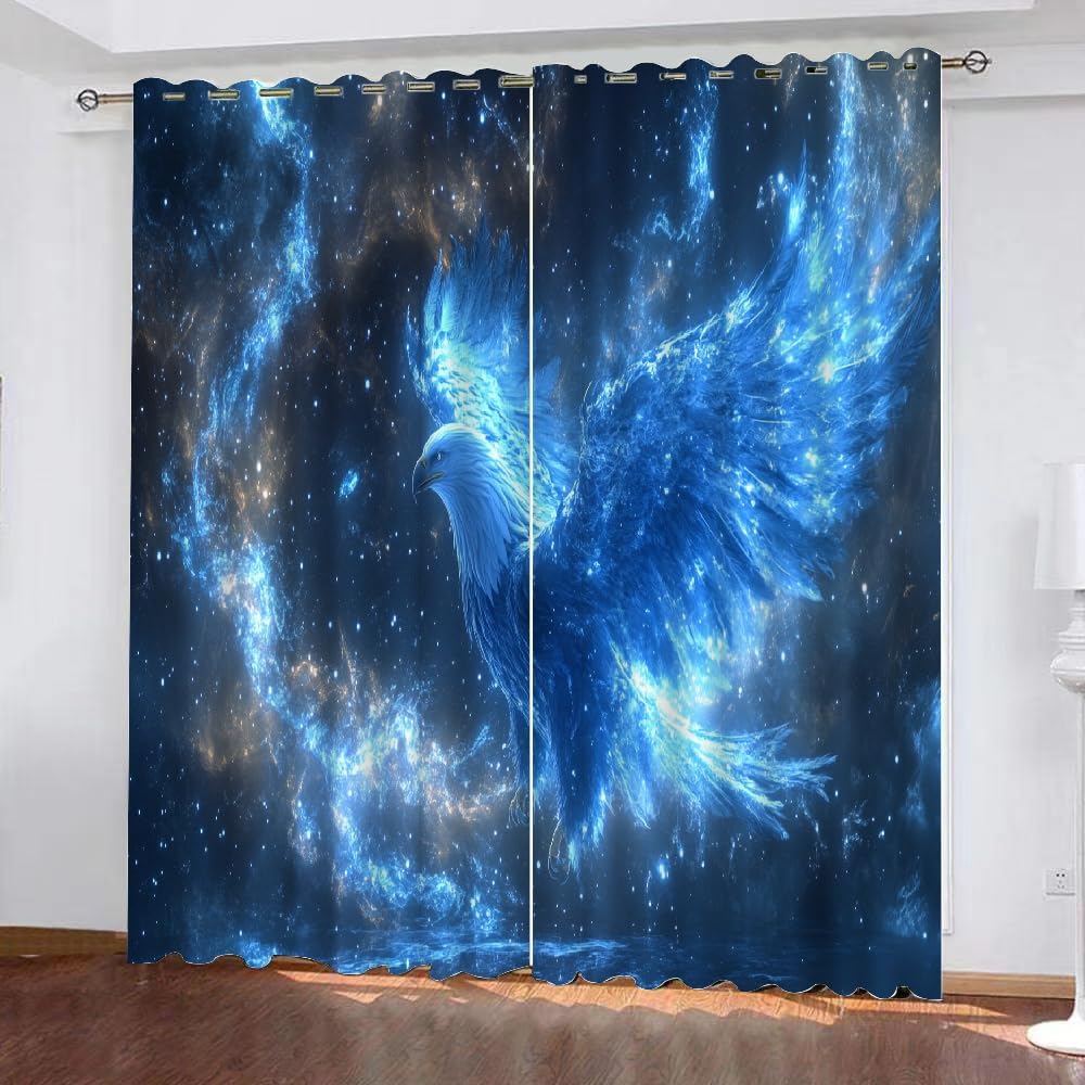 Ferocious Bright Eagle 3D Print Pattern Curtain, Shiny Blue Starry Sky Blackout Drapes, 2 Panels Thermal Insulated Top Grommet Darkening Curtain for Living Room Bedroom Office(63" W x 63 "L)
