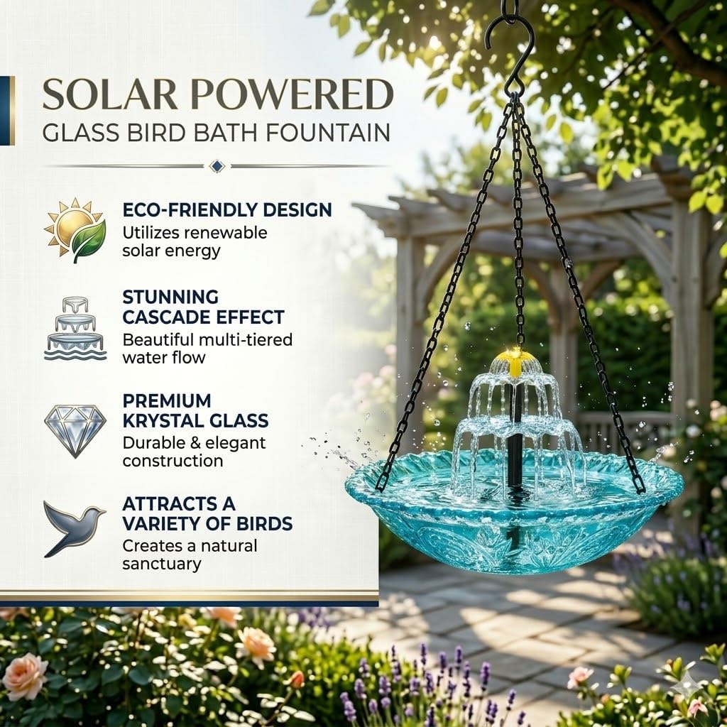 Solar Hanging Bird Bath Fountain with Solar Pump, Cascading Outdoor Water Fountain with Glass Bowl, Decorative Hanging Bird Bath for Garden, Yard, Patio, Porch, Tree (Grey)