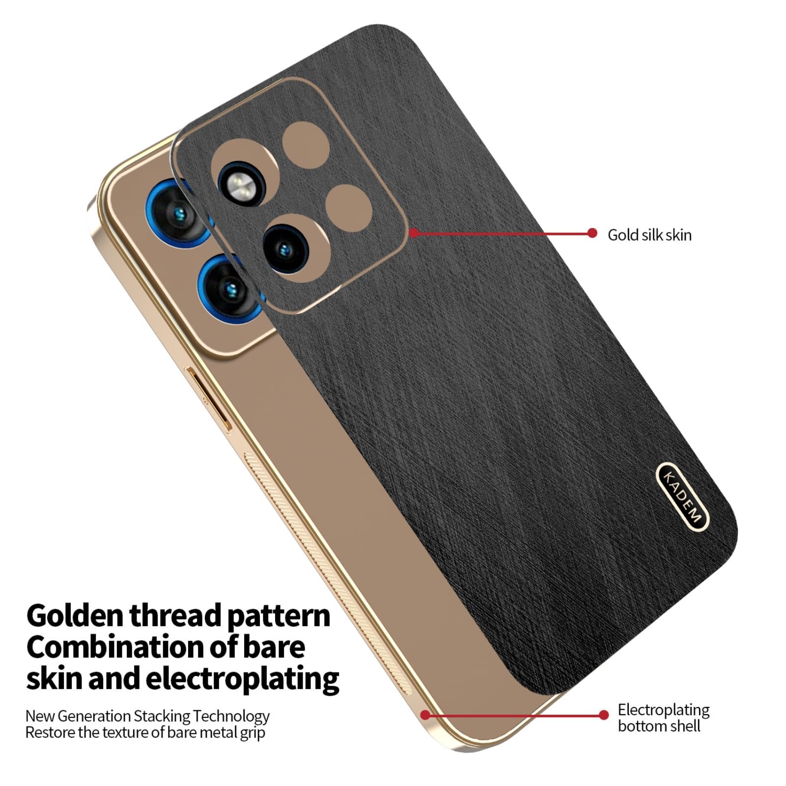 Cover In Pelle Per Motorola Moto Edge 50 Neo – Trama Filo Dorato, Antiurto E Anti-impronta, Nero Elegante