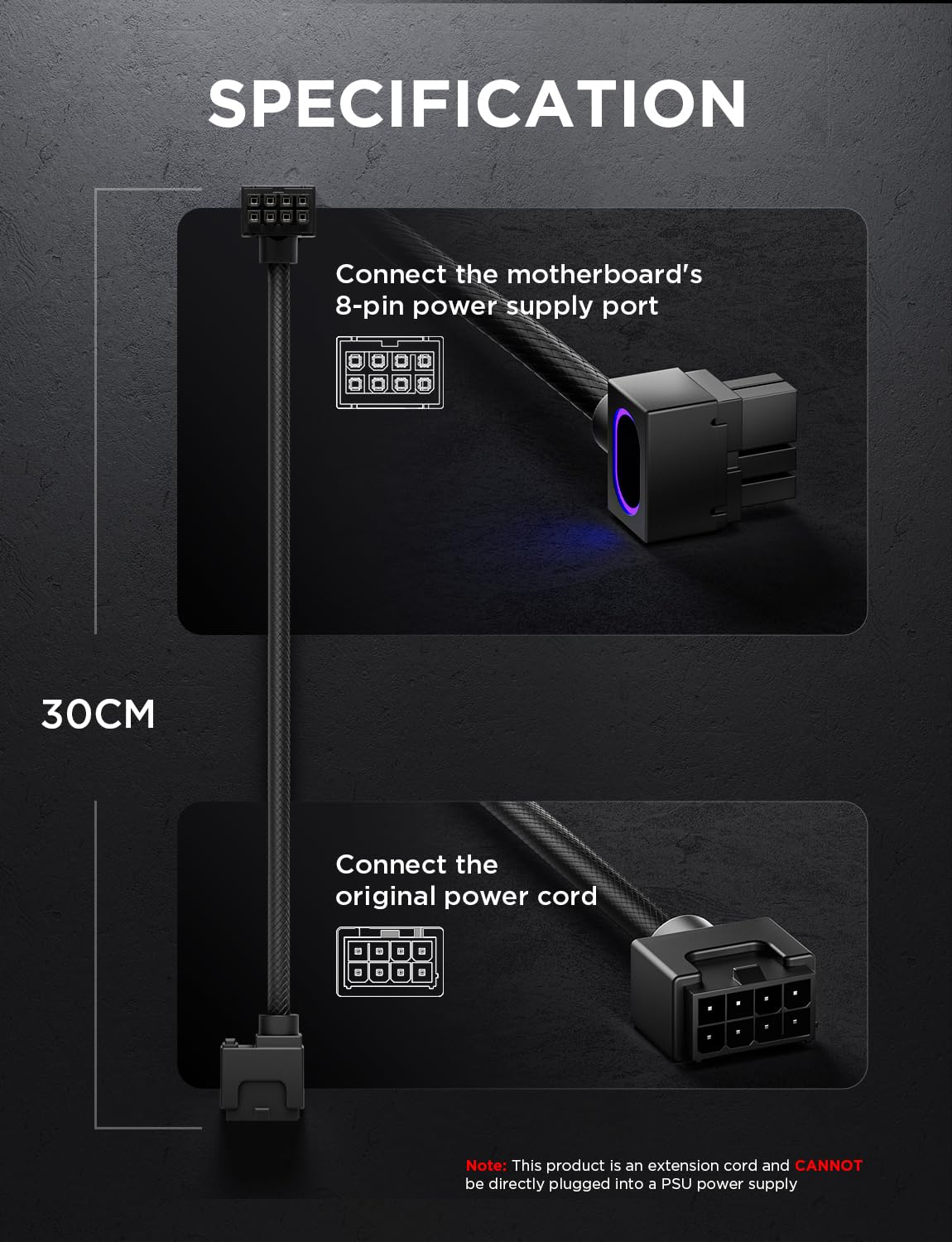 AsiaHorse Hydrus 8-Pin GPU Câble d'extension [Type B - LOQUET en Haut], Câble d'alimentation PCIE pour Carte Graphique (Pas pour CPU), 18AWG Sleeved, 5V ARGB Sync - Noir